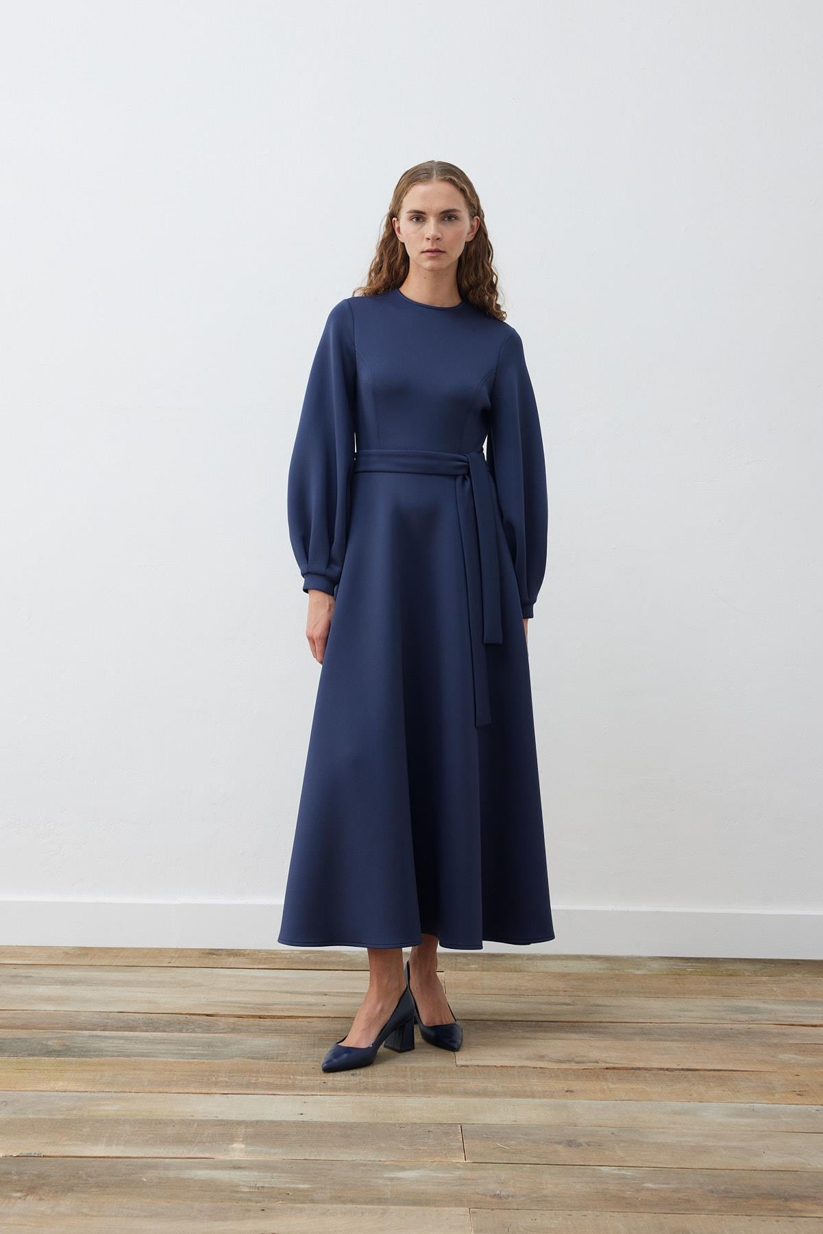CAROL SCUBA PUFF DRESS NAVY BLUE