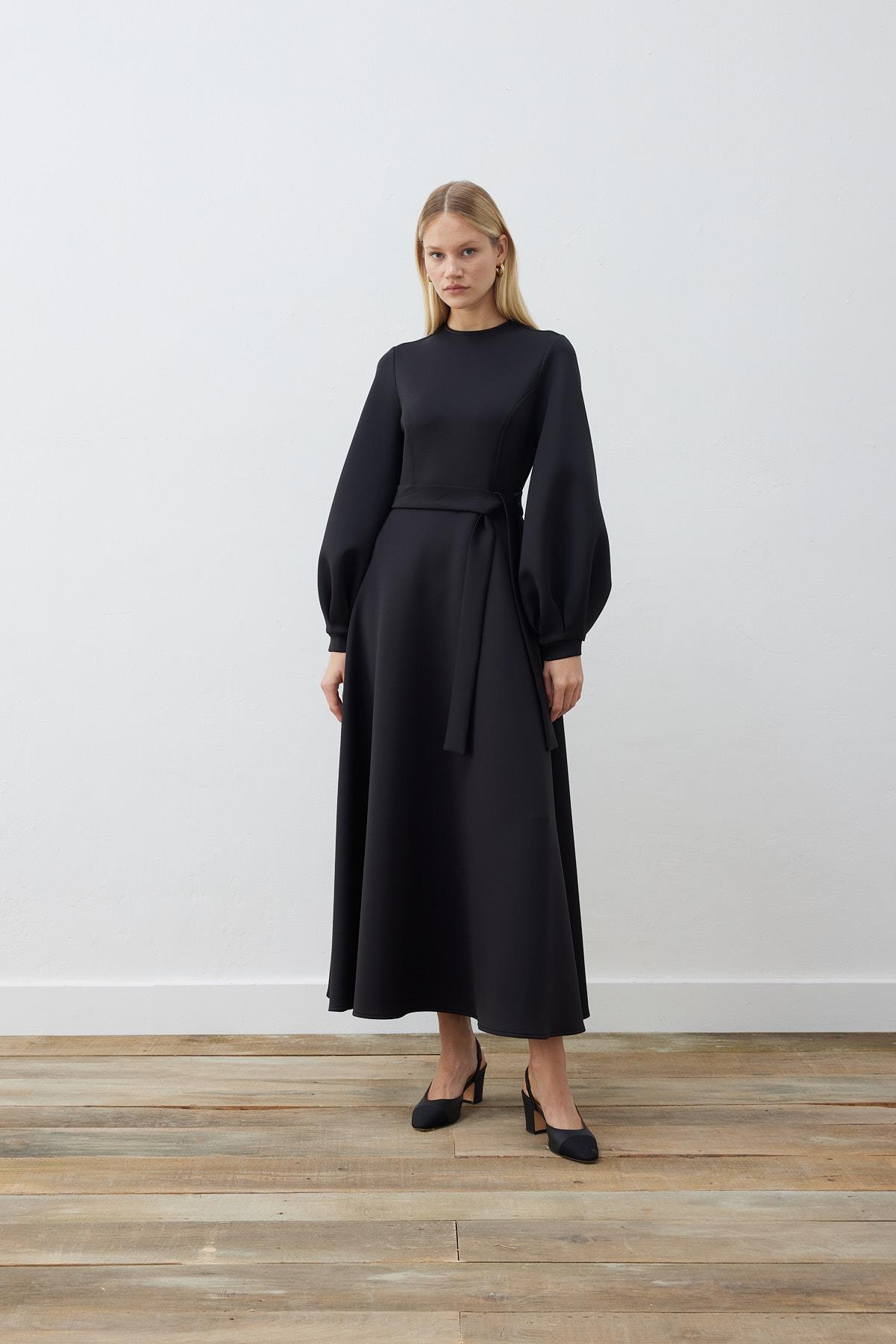 CAROL SCUBA PUFF DRESS BLACK
