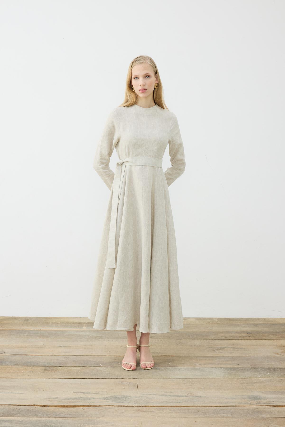 CLARA %100 LINEN FITTED DRESS NATURAL