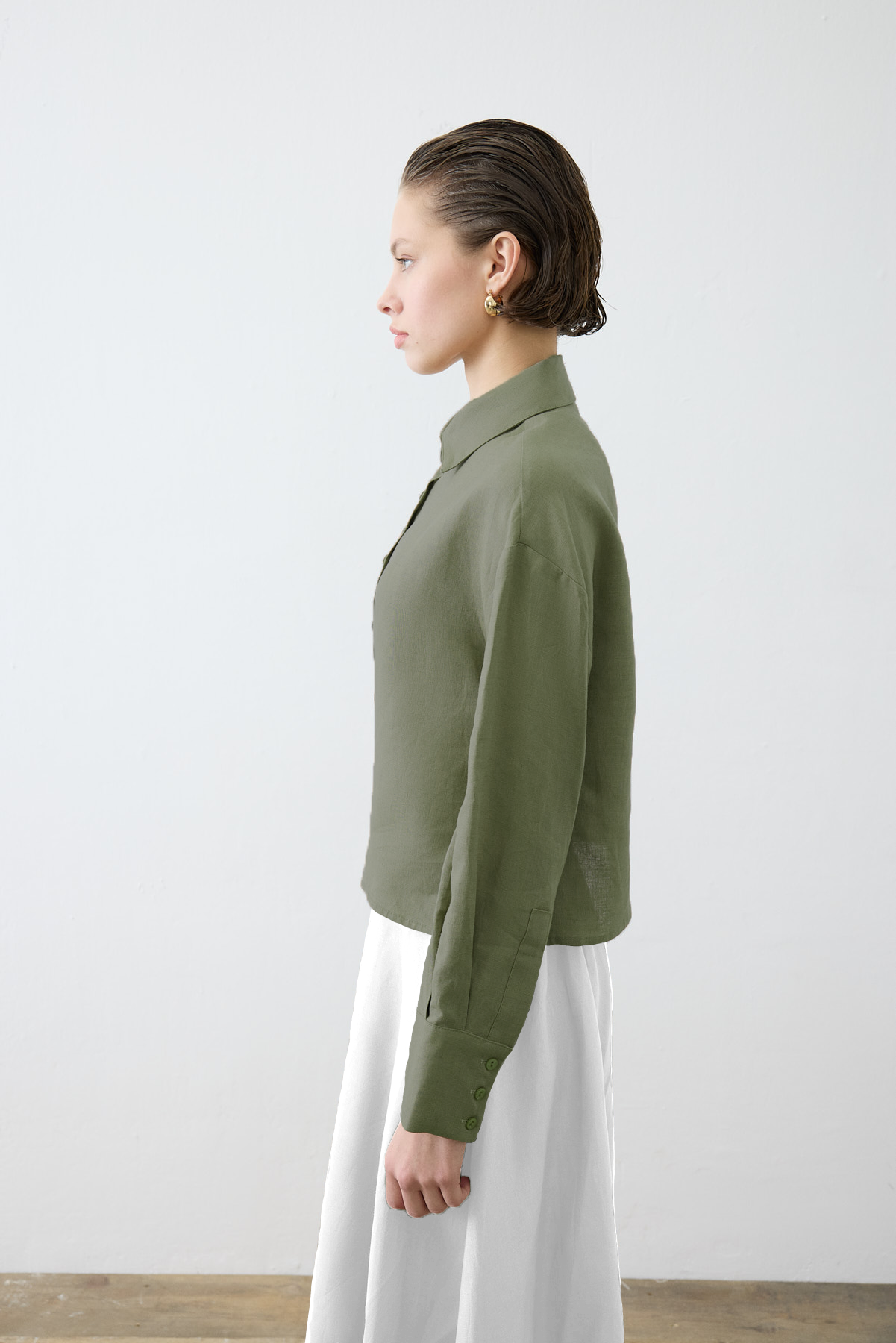 COLOR %100 LINEN CROPPED SHIRT KHAKI