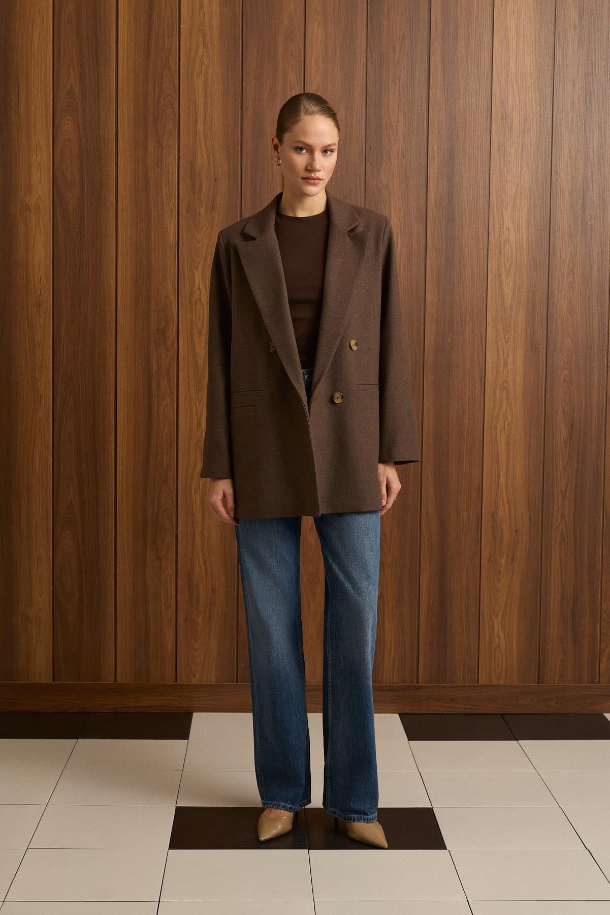 DAPHNE DOKULU BLAZER CEKET KAHVE
