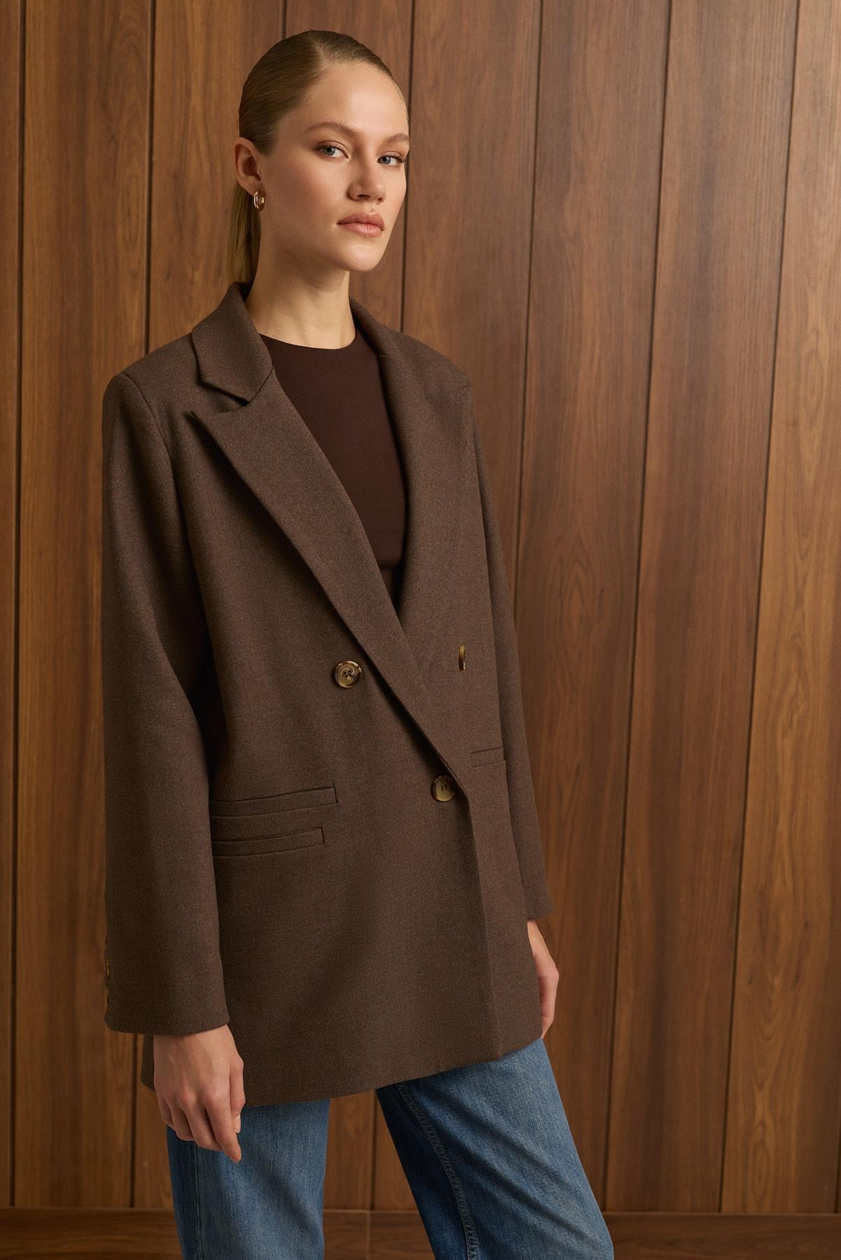 DAPHNE DOKULU BLAZER CEKET KAHVE