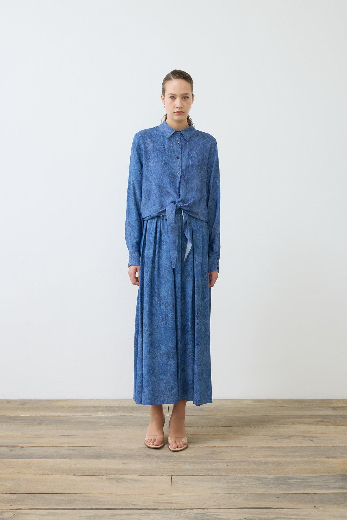 DENIM PATTERNED RAYON VISCOSE TIED SKIRT SET NAVY BLUE