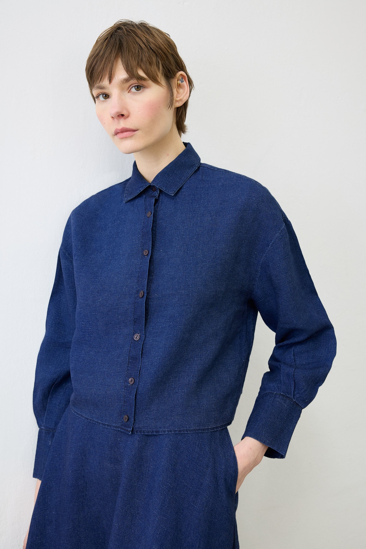 DENIM EFFEC %100 LINEN SKIRT SET NAVY BLUE