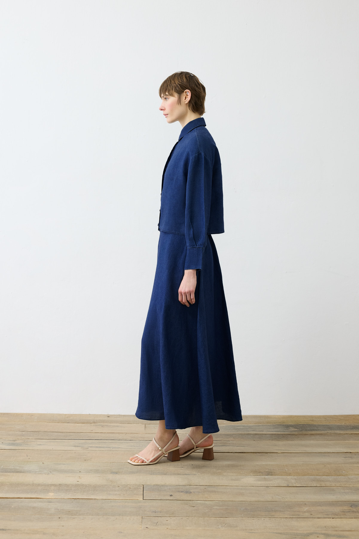 DENIM EFFEC %100 LINEN SKIRT SET NAVY BLUE