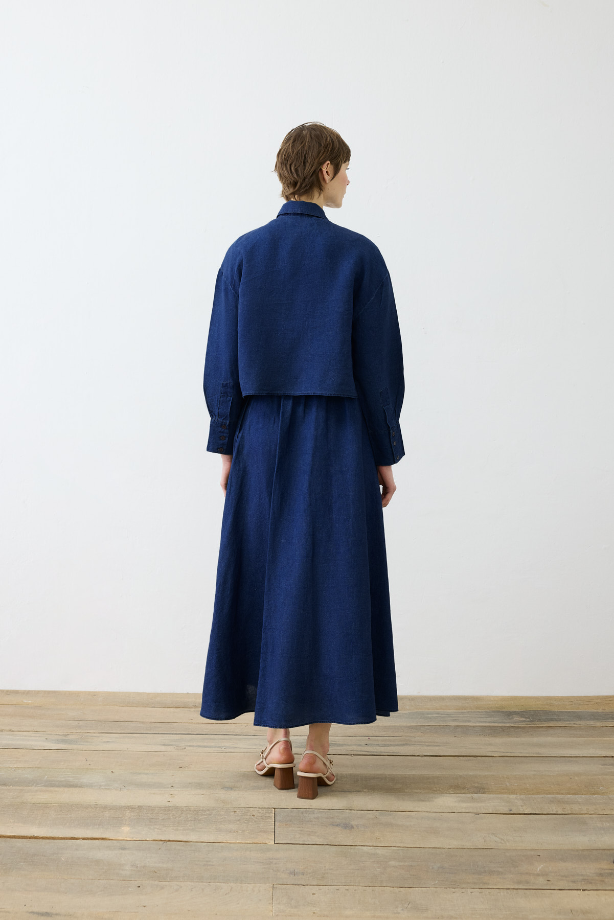 DENIM EFFEC %100 LINEN SKIRT SET NAVY BLUE