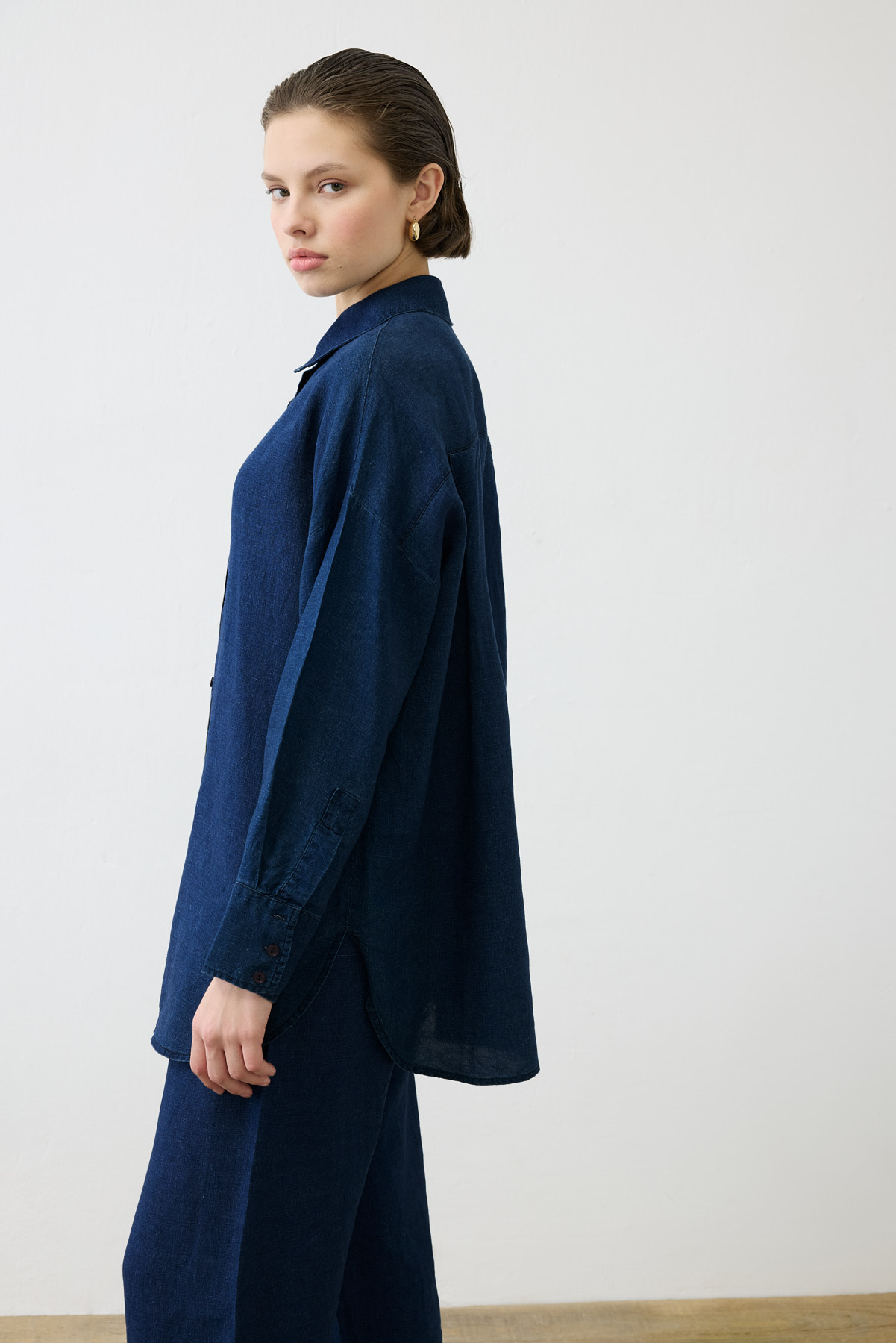 DENIM EFFEC %100 LINEN PANTS SET NAVY BLUE
