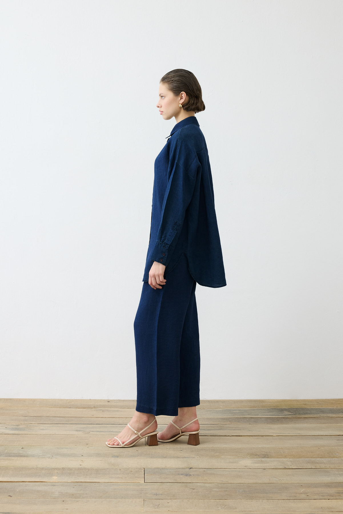 DENIM EFFEC %100 LINEN PANTS SET NAVY BLUE