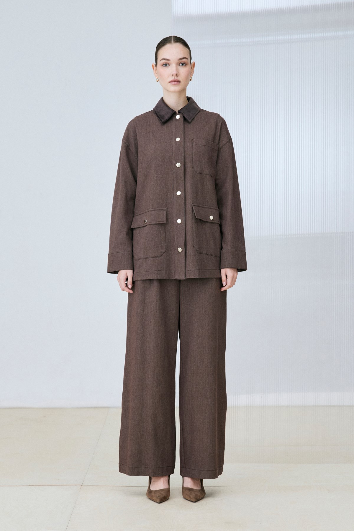 DERA VELVET COLLAR RAYON DENIM SET BROWN