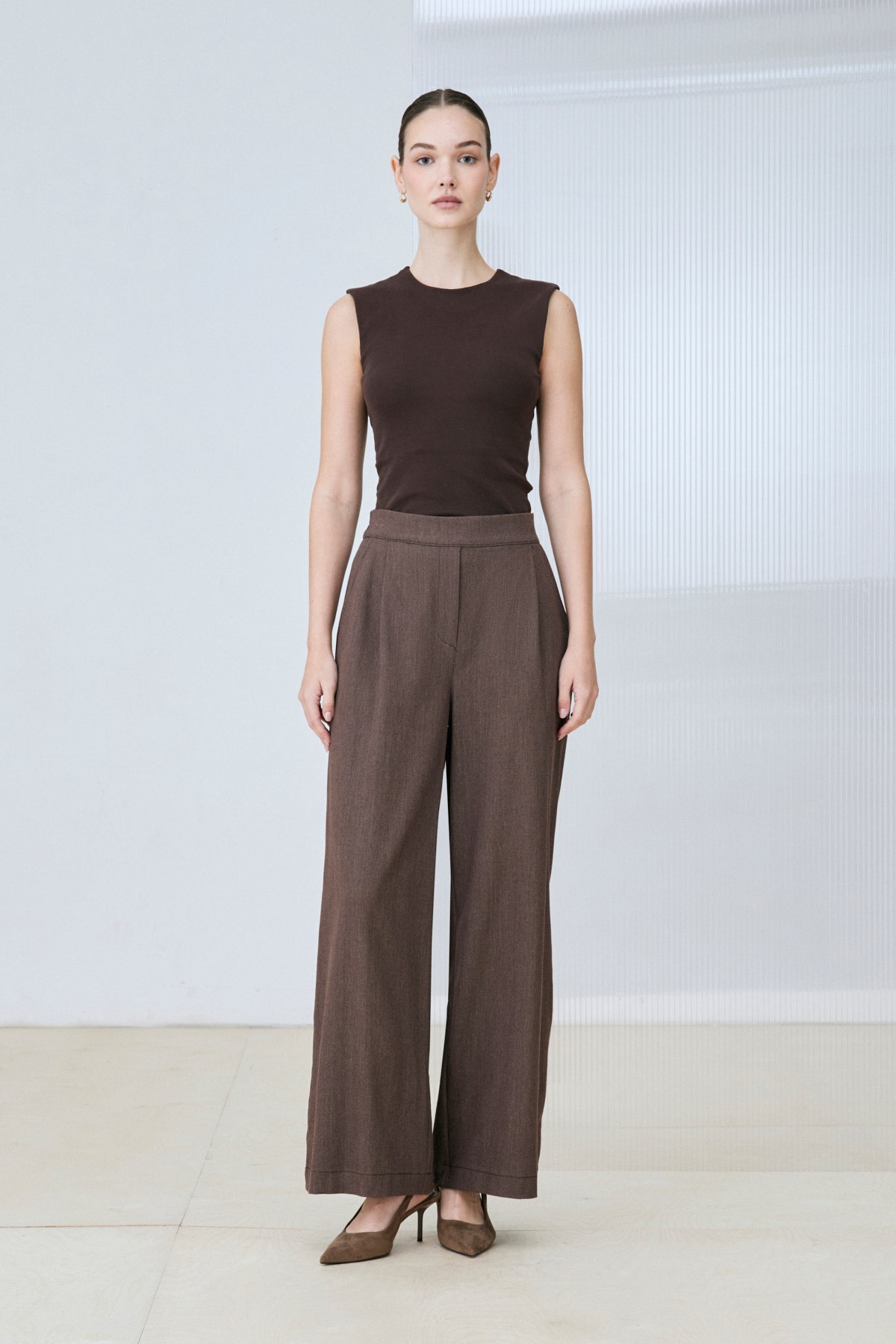 DERA VELVET COLLAR RAYON DENIM SET BROWN