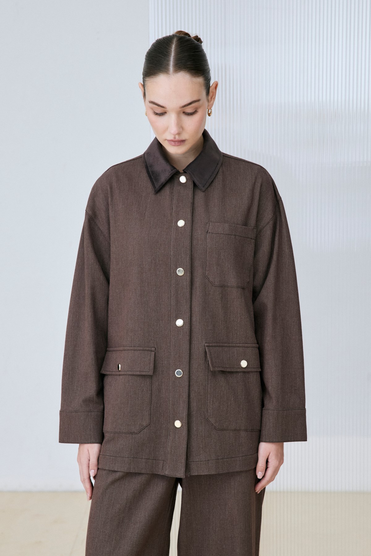 DERA VELVET COLLAR RAYON DENIM SET BROWN