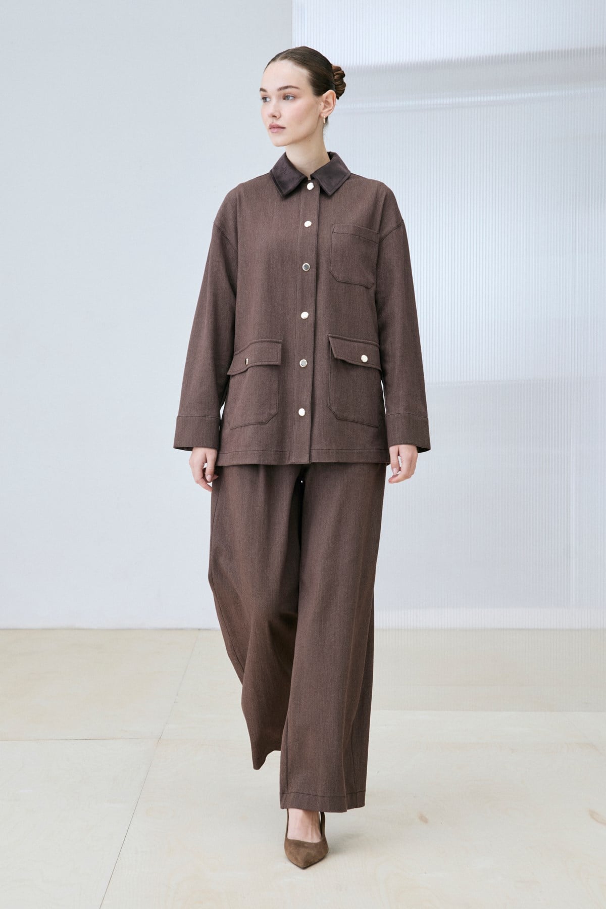 DERA VELVET COLLAR RAYON DENIM SET BROWN