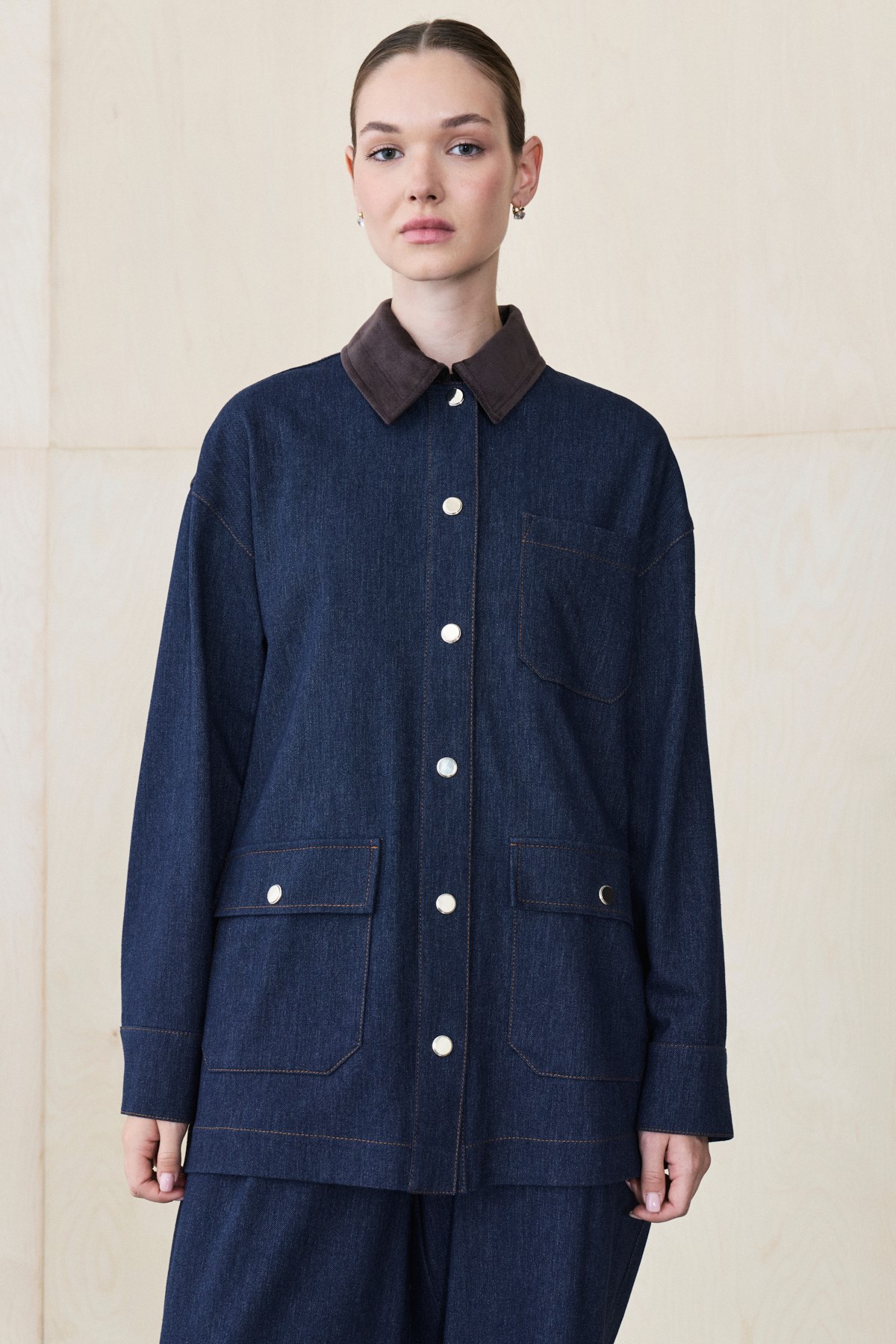 DERA VELVET COLLAR RAYON DENIM SET NAVY BLUE