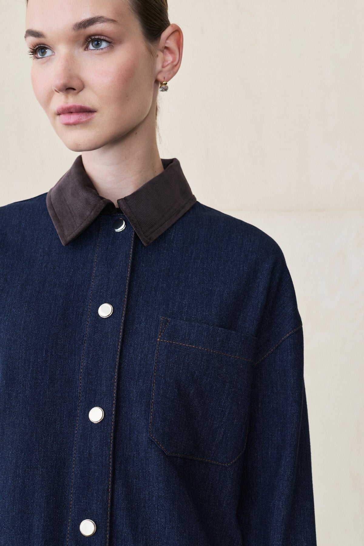 DERA VELVET COLLAR RAYON DENIM SET NAVY BLUE