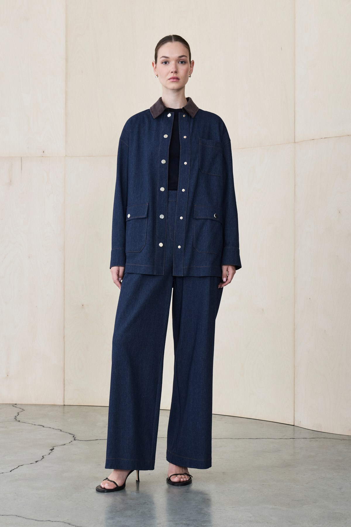DERA VELVET COLLAR RAYON DENIM SET NAVY BLUE