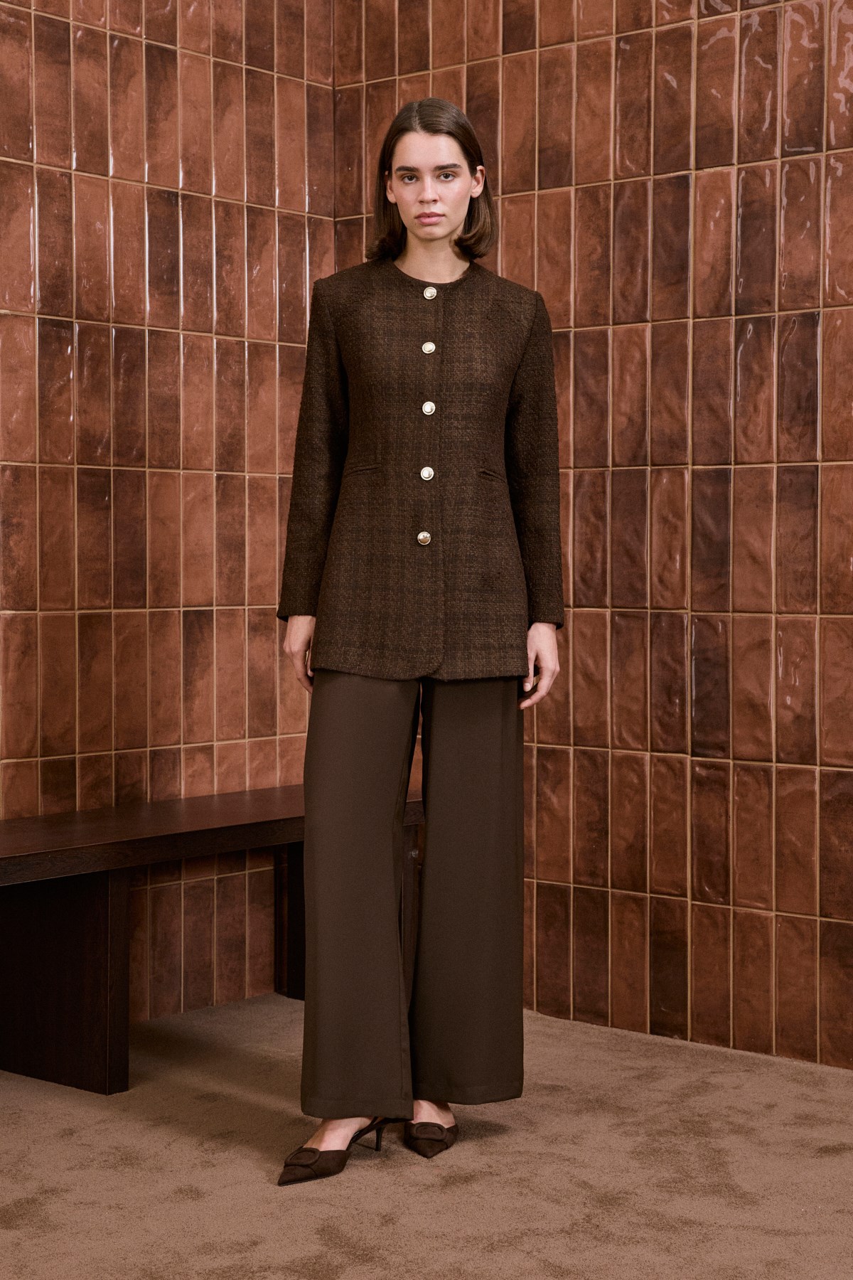 DONNA TWEED GOLD BUTTONED JACKET BROWN