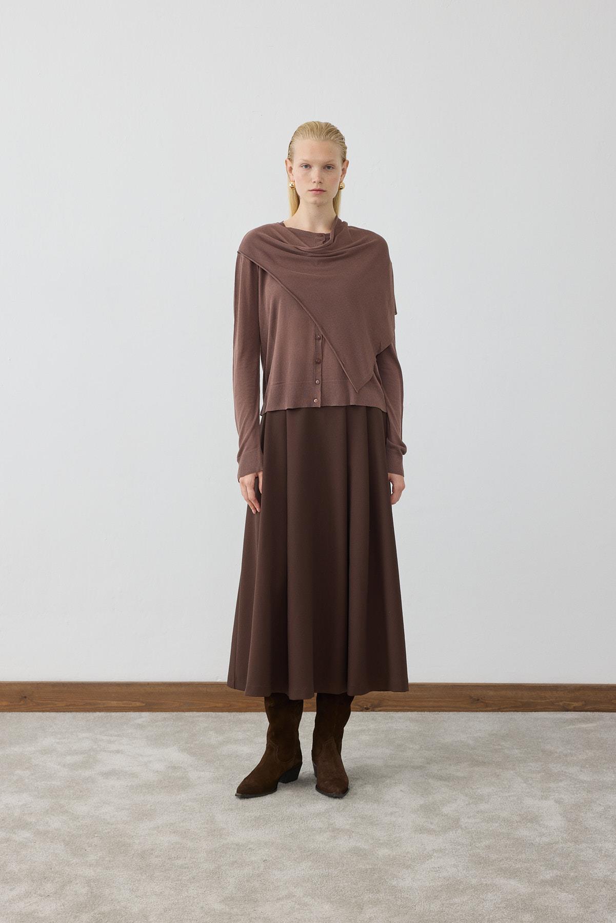 DOREN SHAWL DETAIL MERCERIZED KNIT CARDIGAN BROWN