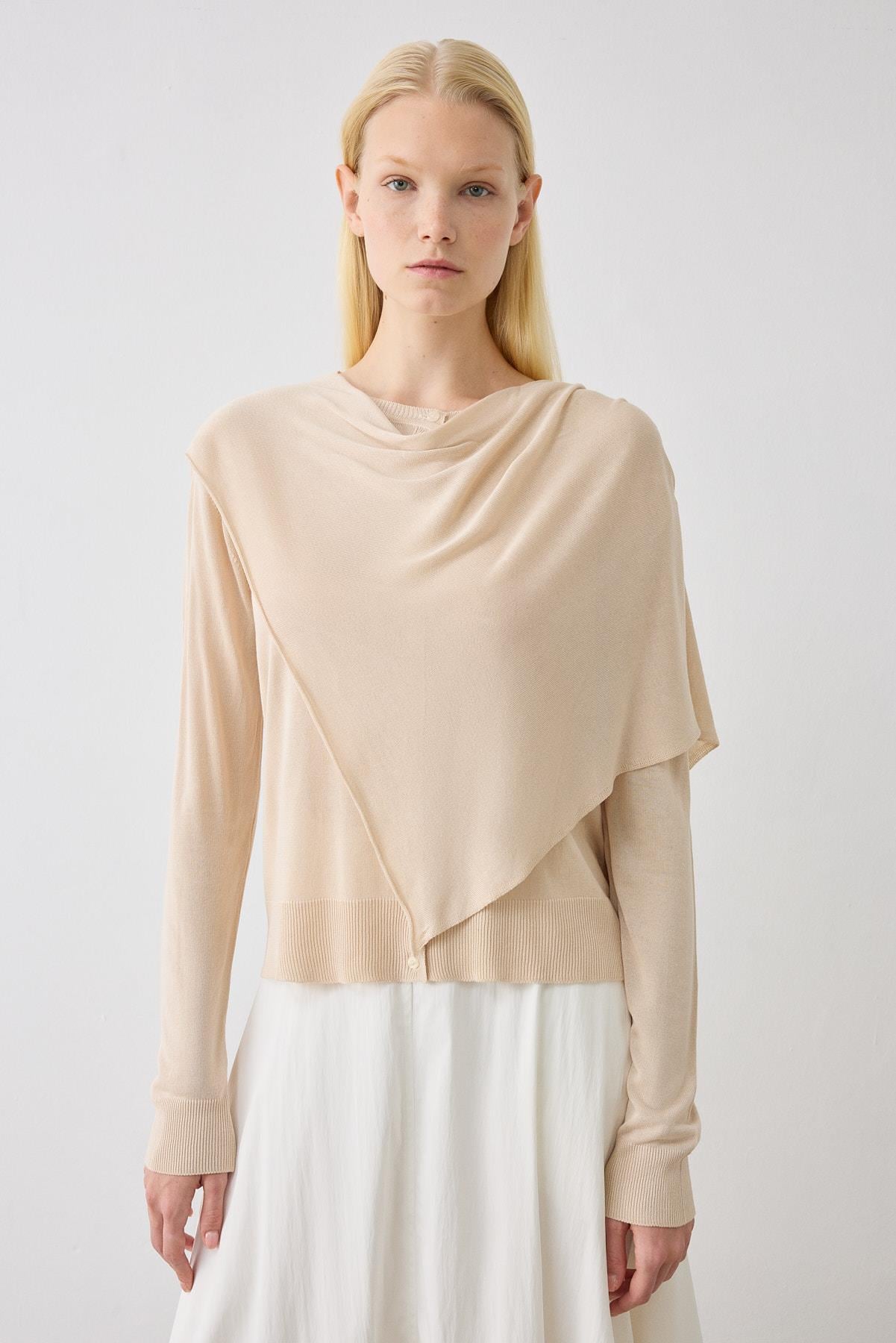 DOREN ŞAL DETAYLI TRİKO MERSERİZE HIRKA BEJ