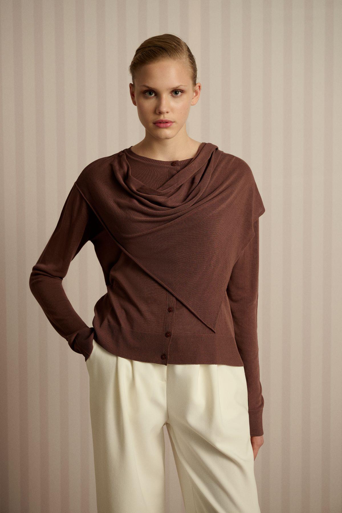 DOREN SHAWL DETAIL MERCERIZED KNIT CARDIGAN BROWN