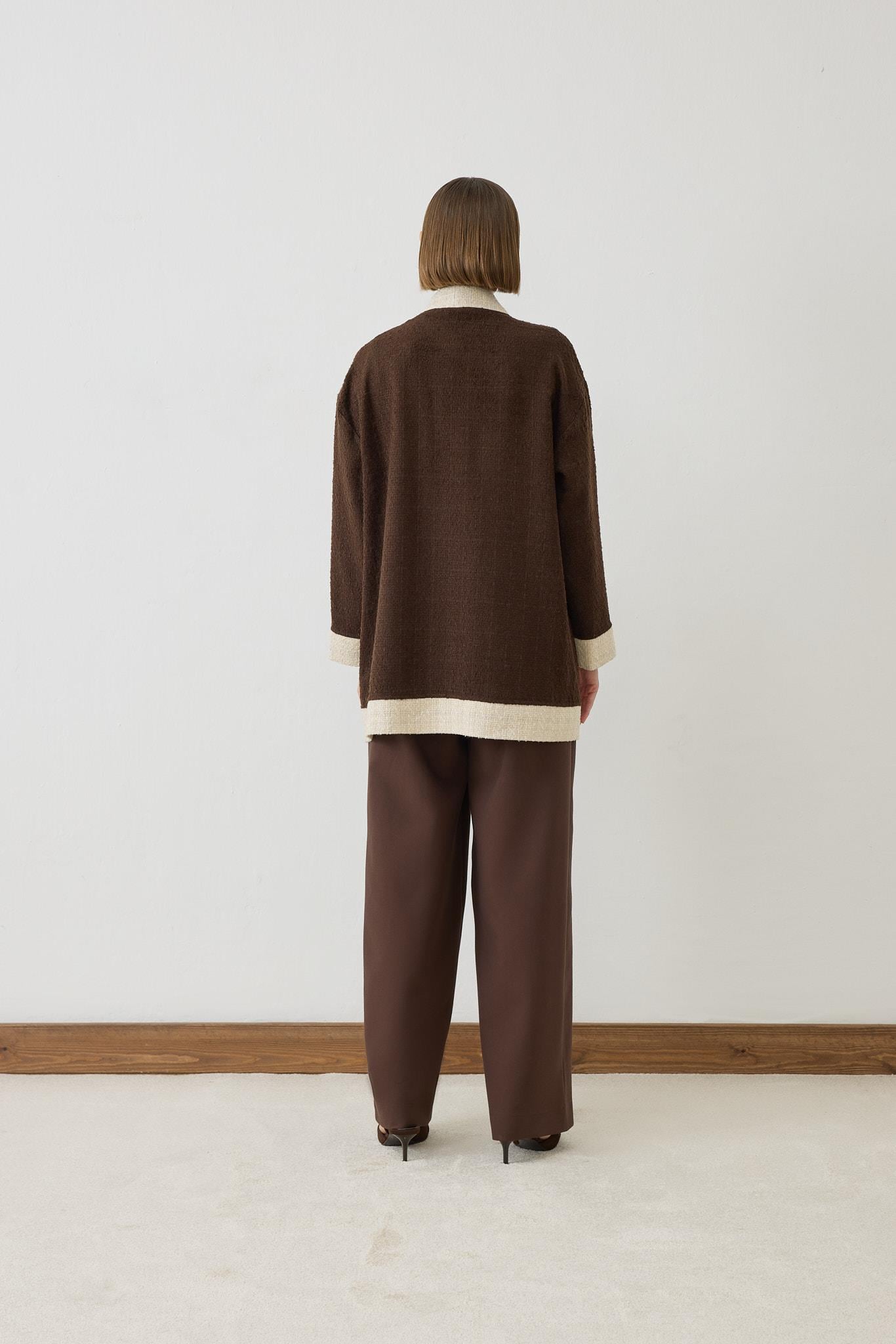 DUE TWO TONE TWEED COLLEGE CARDIGAN BROWN