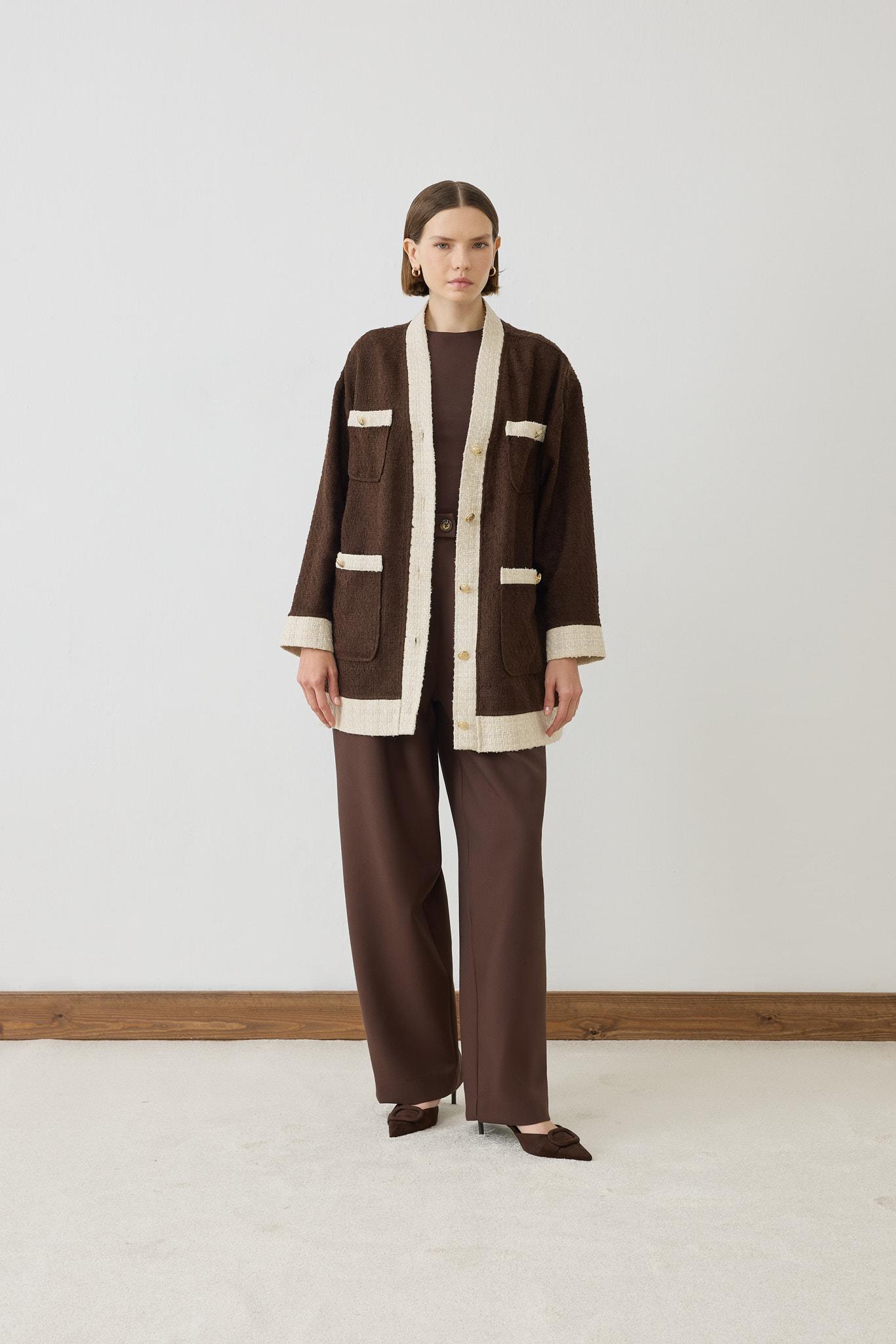 DUE TWO TONE TWEED COLLEGE CARDIGAN BROWN