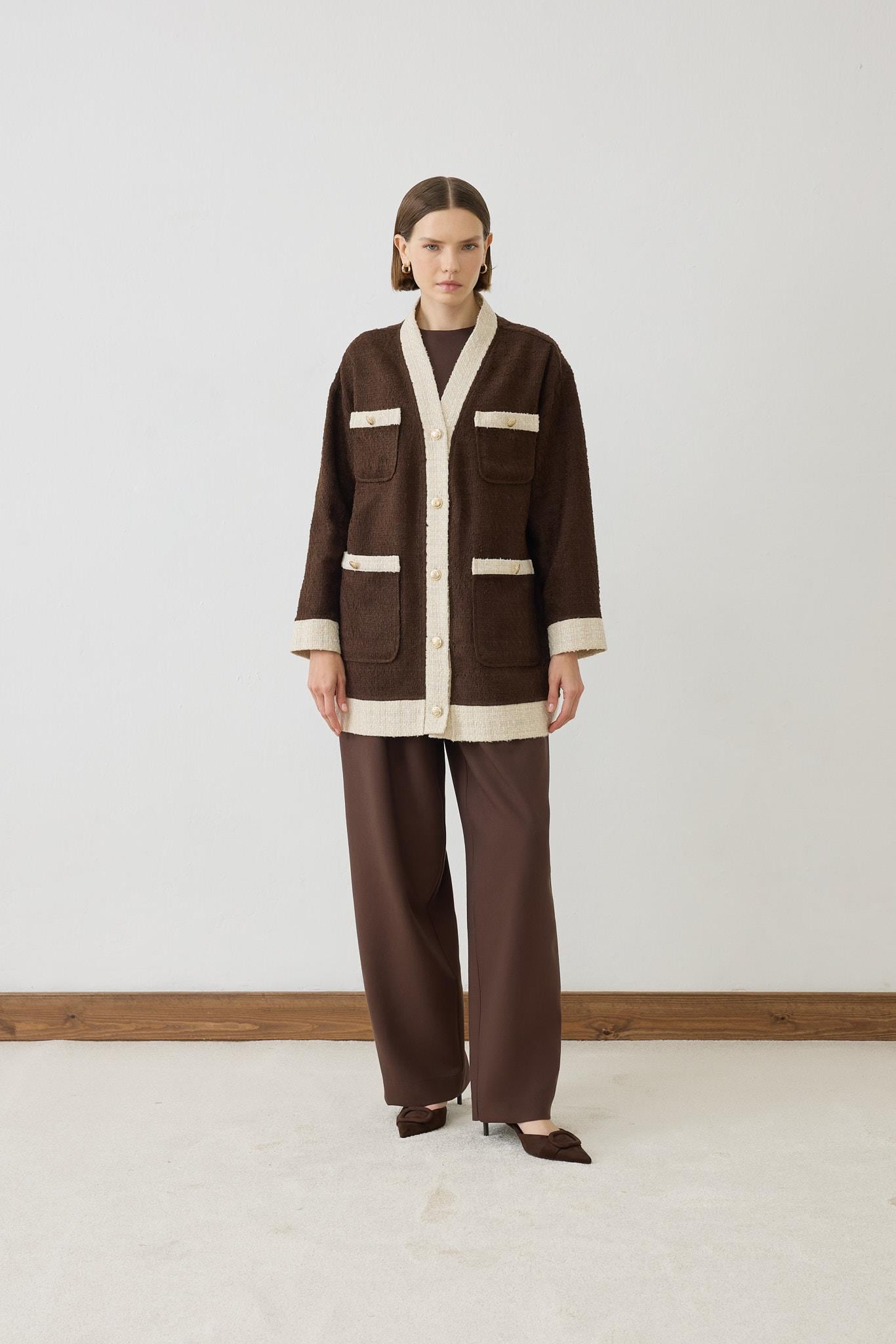 DUE TWO TONE TWEED COLLEGE CARDIGAN BROWN