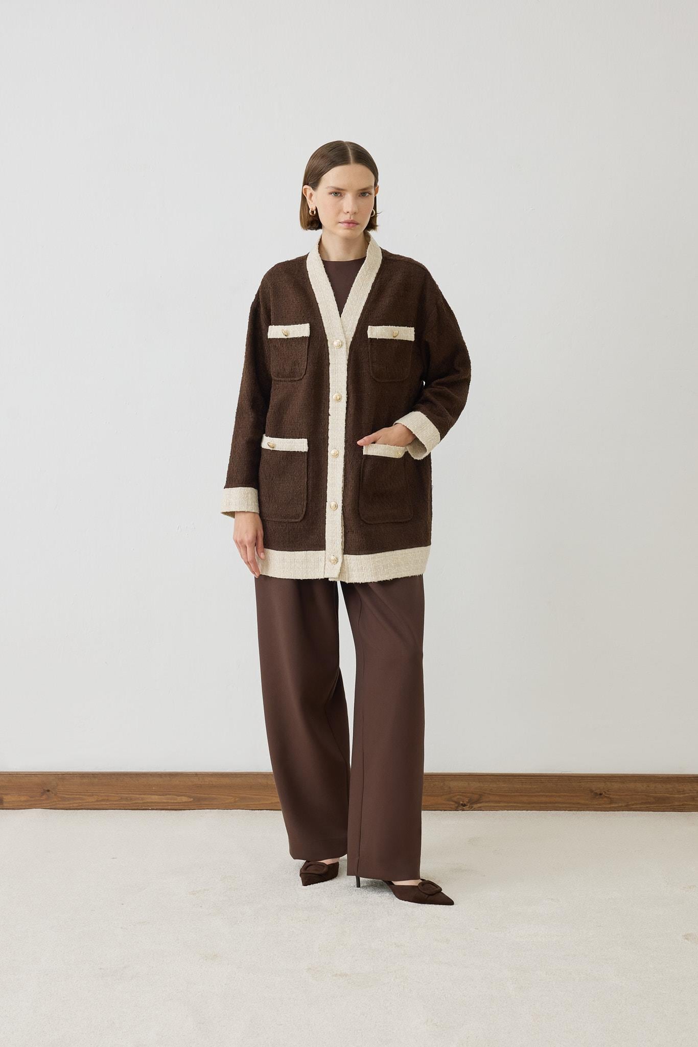 DUE TWO TONE TWEED COLLEGE CARDIGAN BROWN