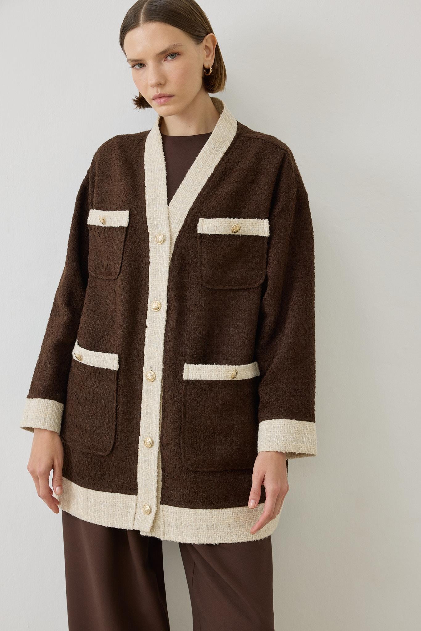DUE TWO TONE TWEED COLLEGE CARDIGAN BROWN