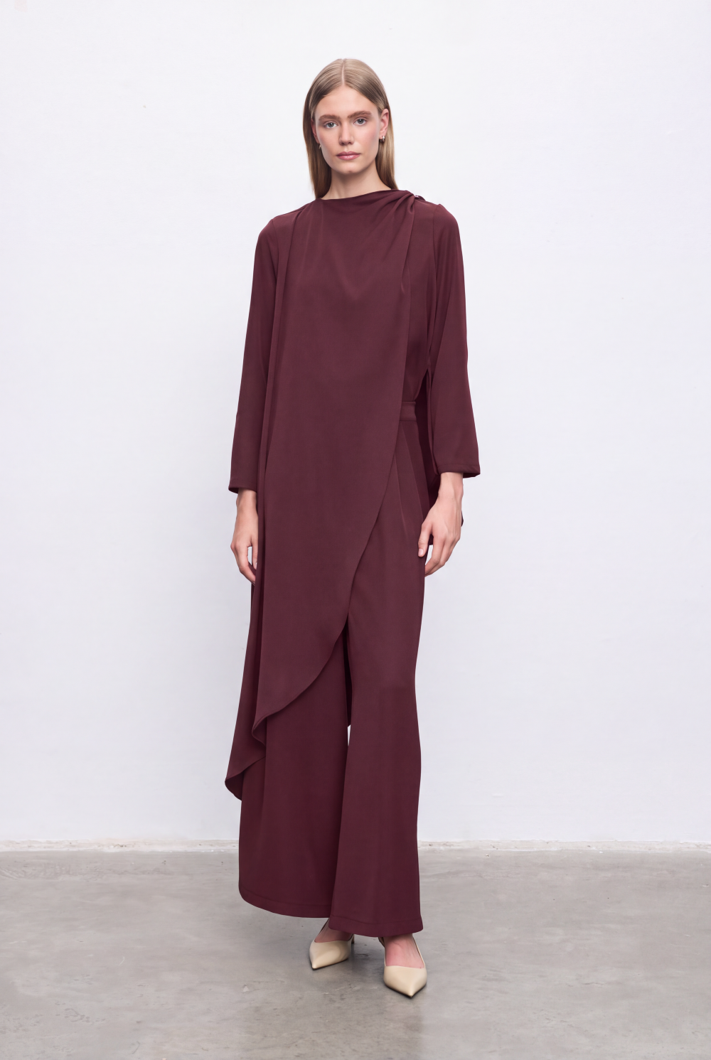 ELENORE CREPE SHAWL CAPE PANTS SET BURGUNDY