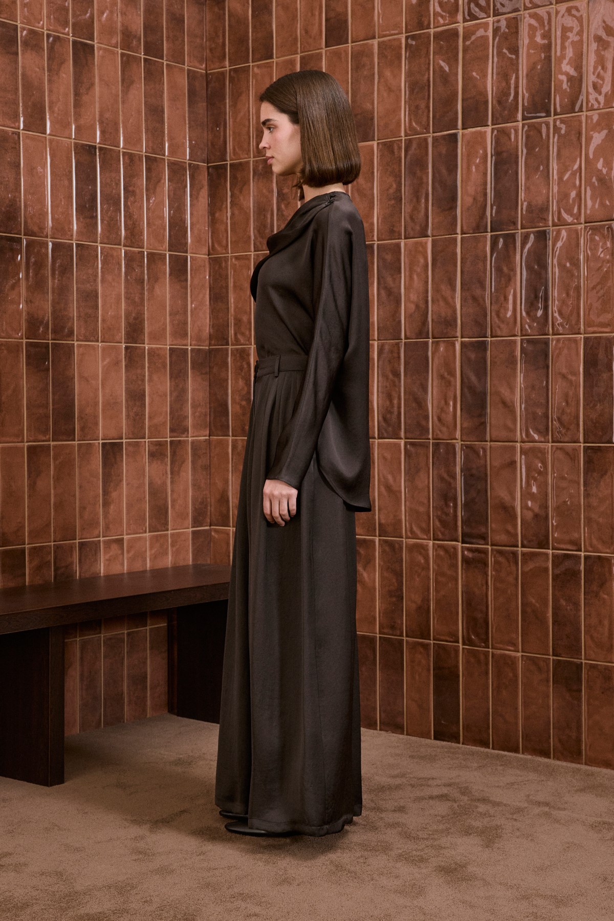 ELNA ACETATE SHAWL DETAILED PANTS SET DARK BROWN