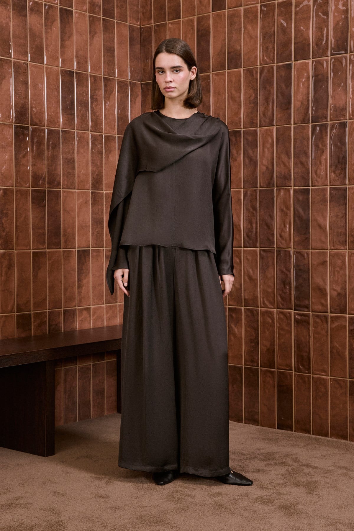 ELNA ACETATE SHAWL DETAILED PANTS SET DARK BROWN