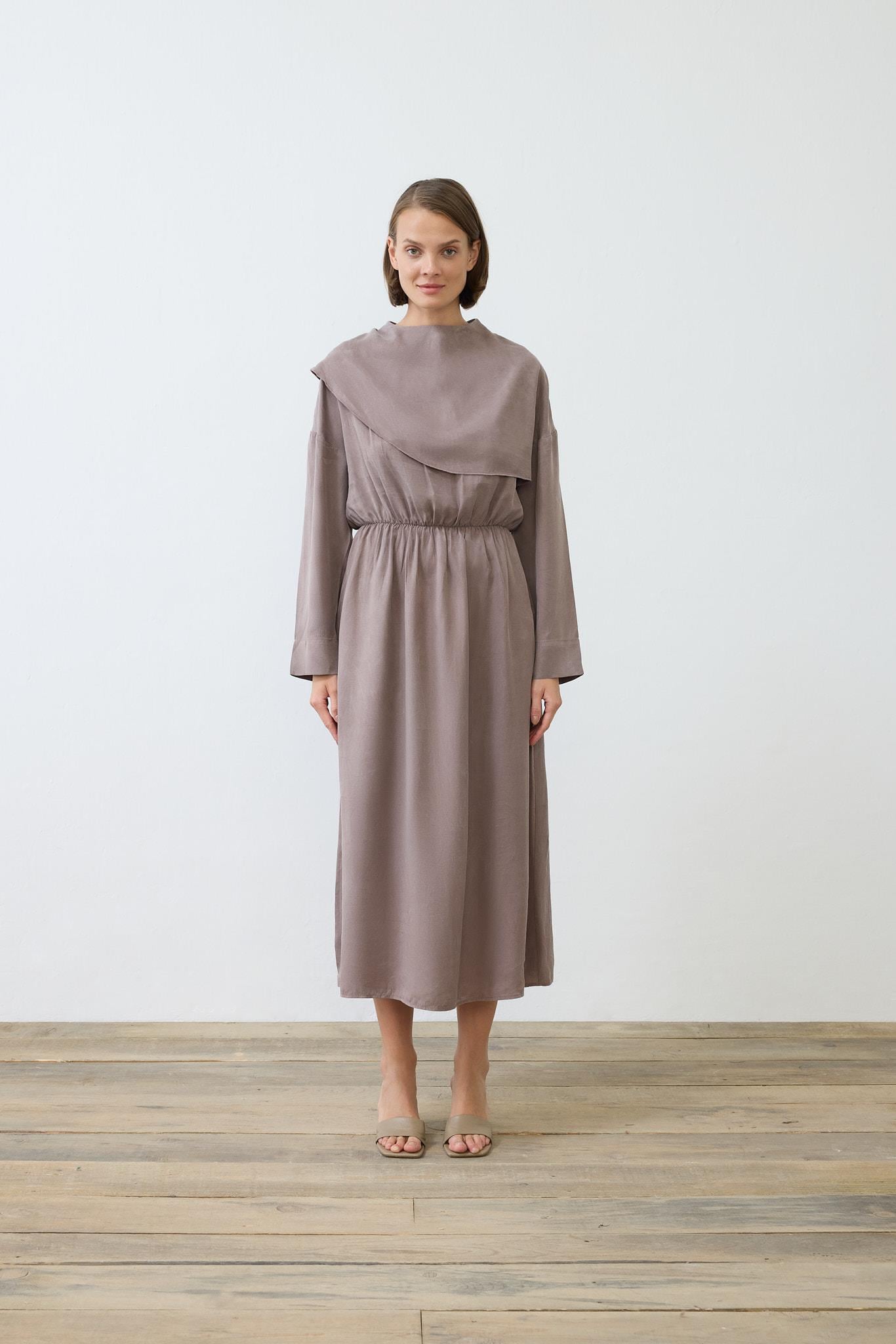 ELVA WASHED SILK SHAWL DETAILED DRESS ETOUPE
