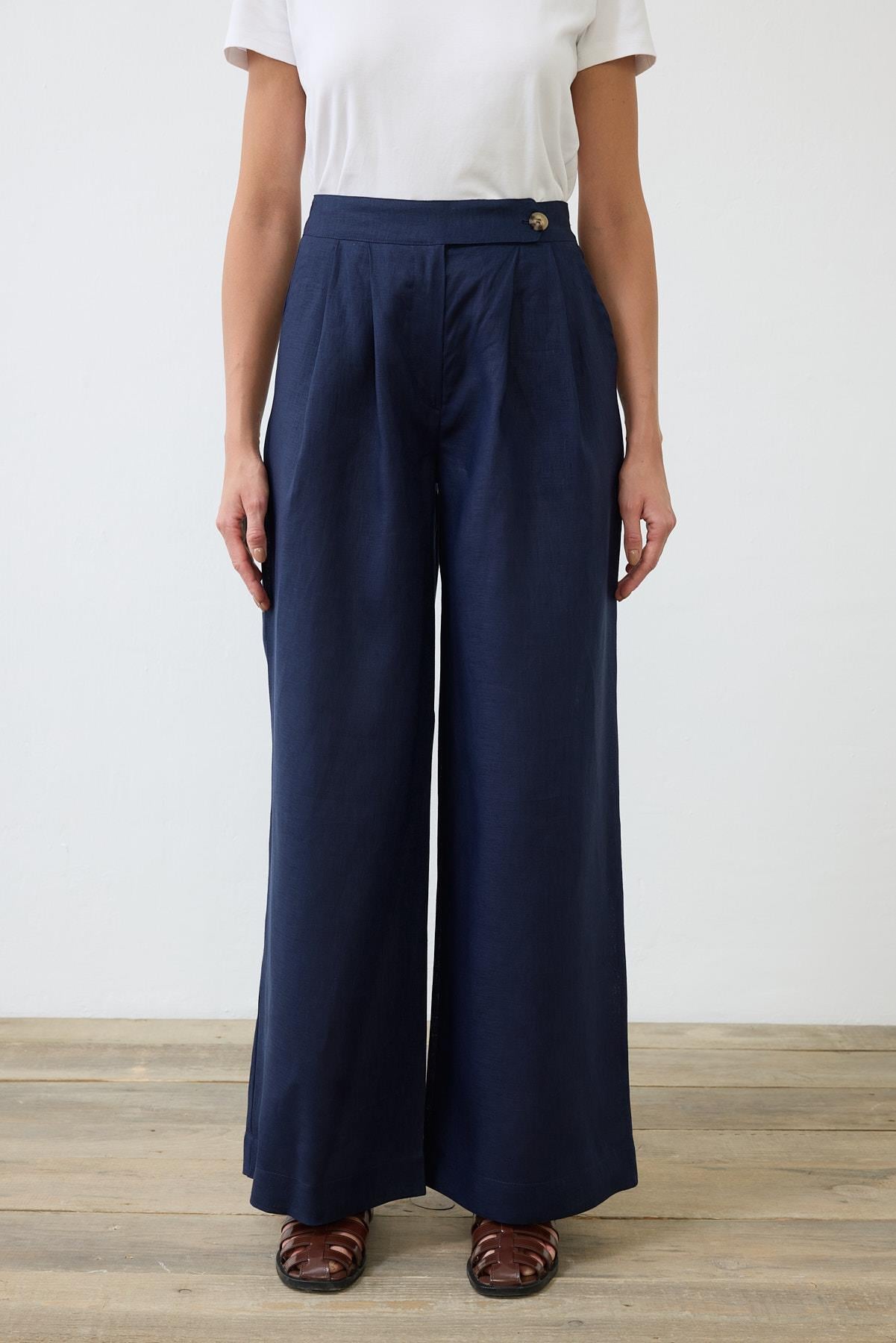 EMMA %100 KETEN PALAZZO PANTOLON LACİVERT