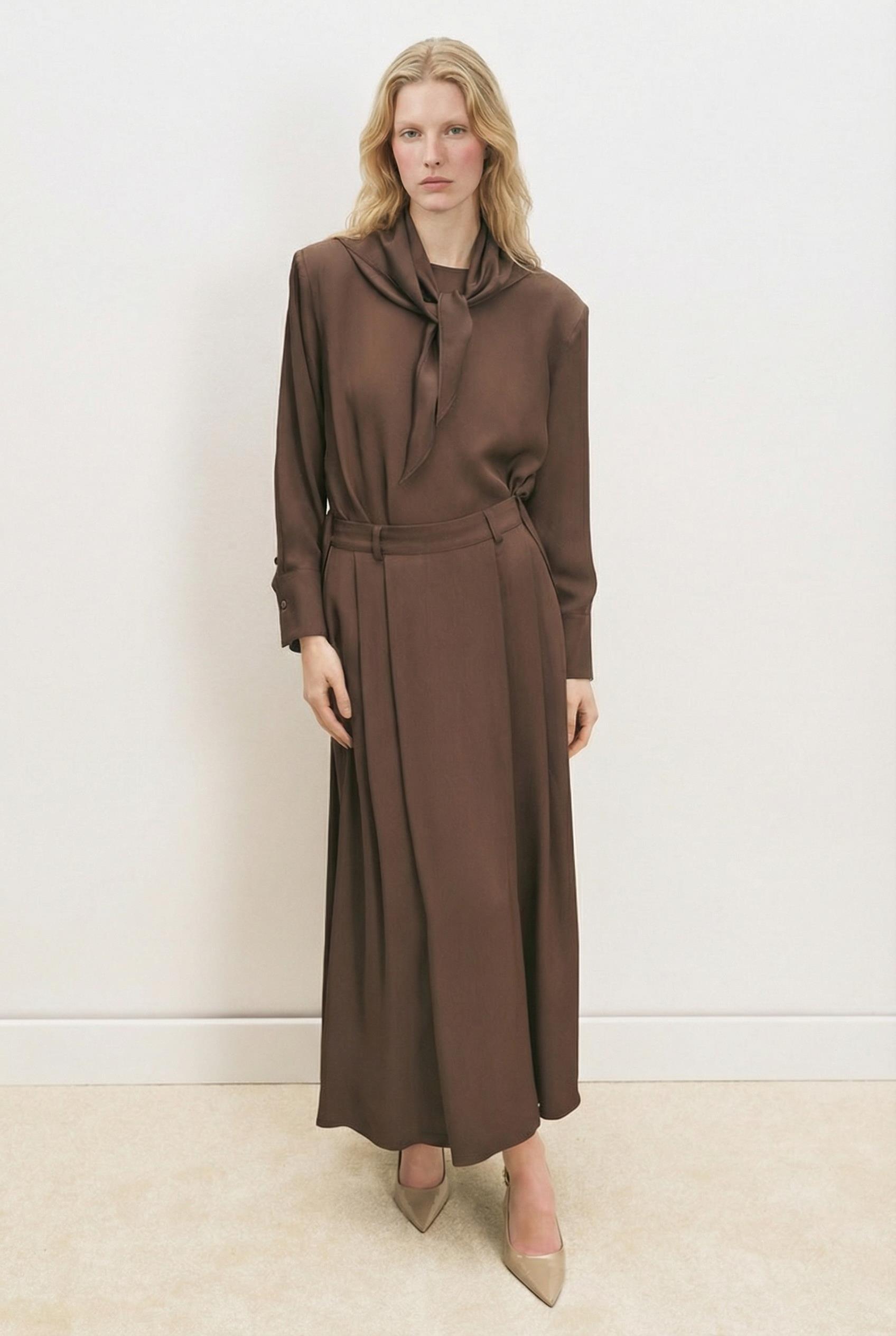 EVAN FULARLI BLUZ ETEK TAKIM KAHVE