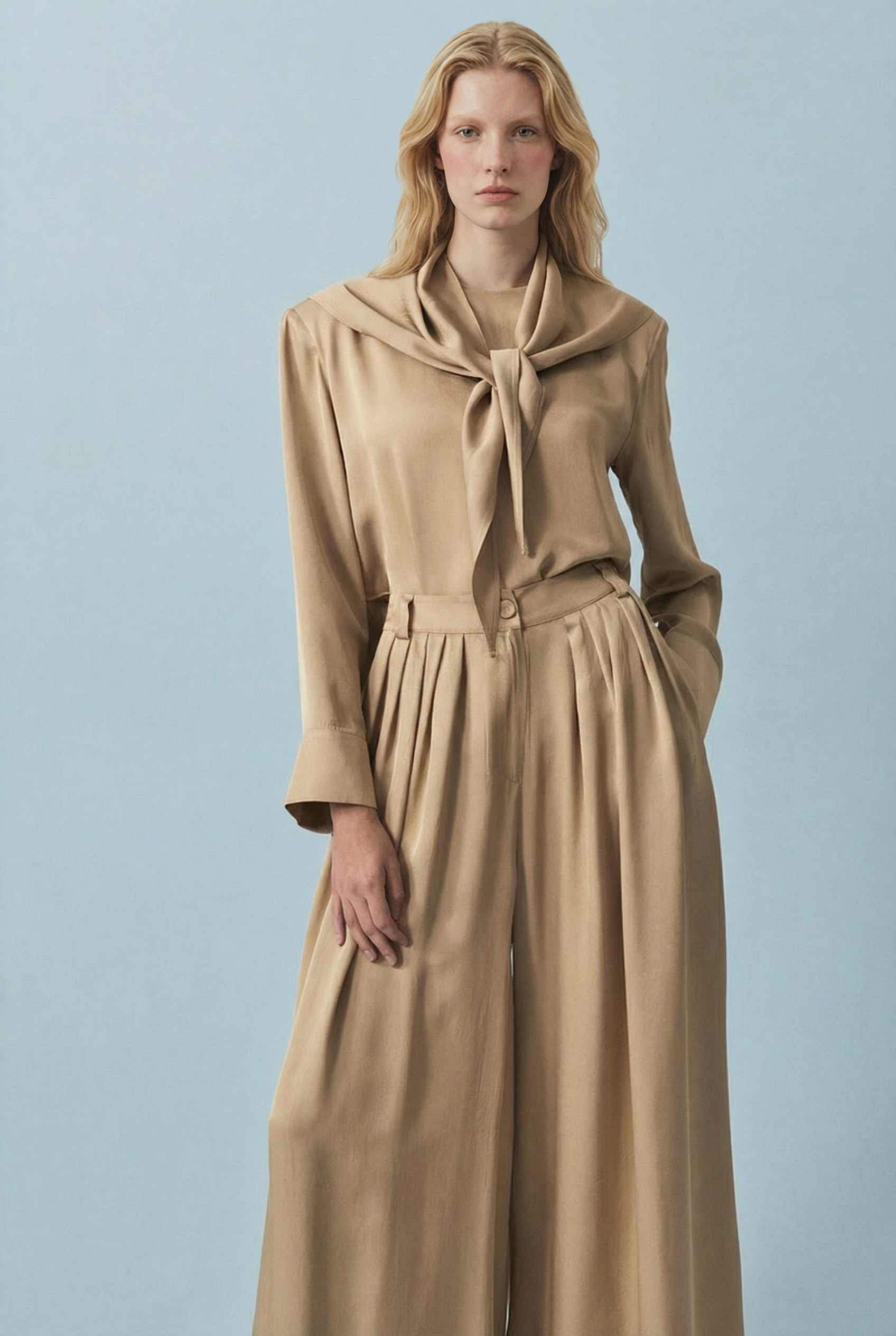 EVAN ASETAT FULARLI BLUZ PANTOLONLU TAKIM CAMEL
