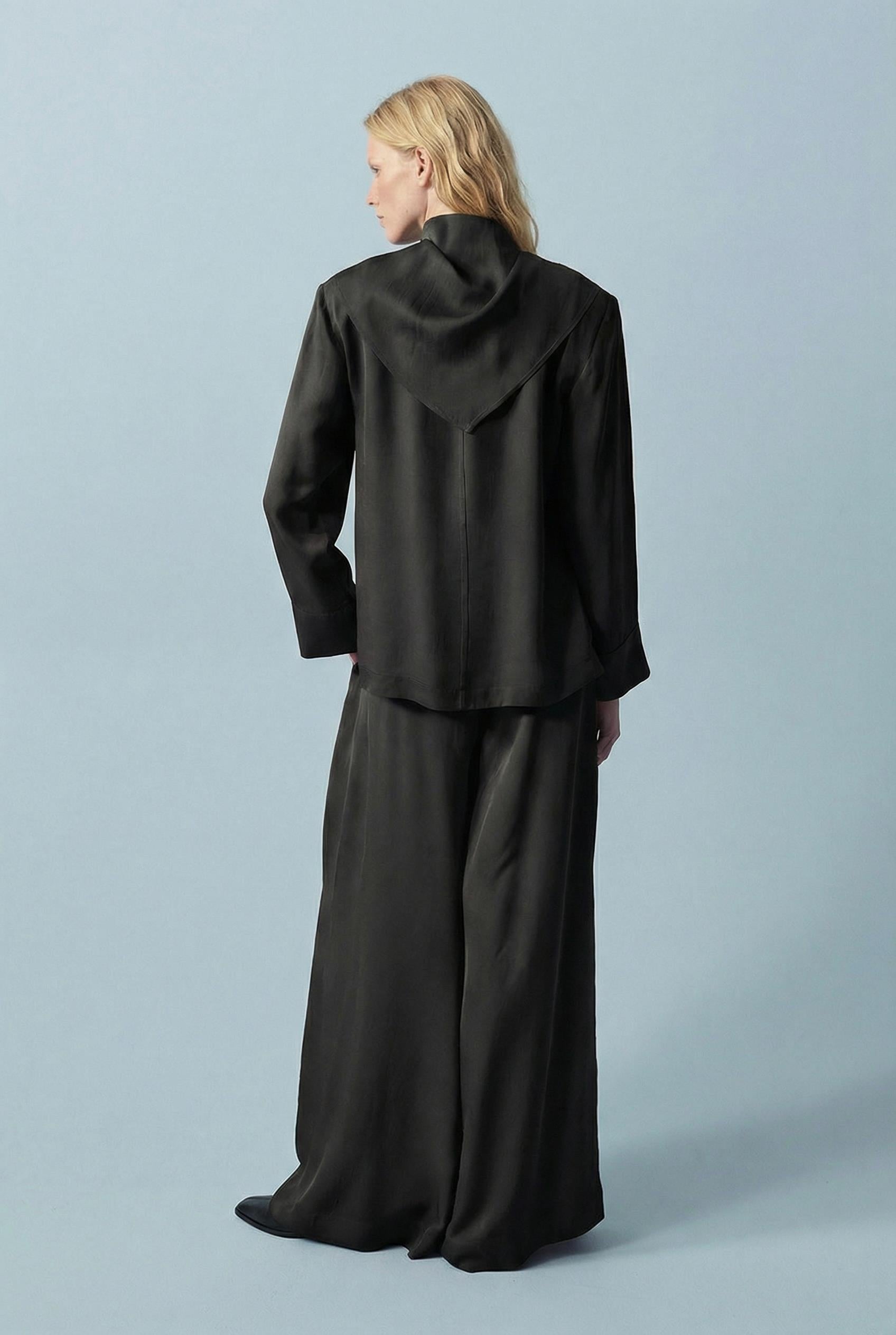 EVAN ASETAT FULARLI BLUZ PANTOLONLU TAKIM SİYAH