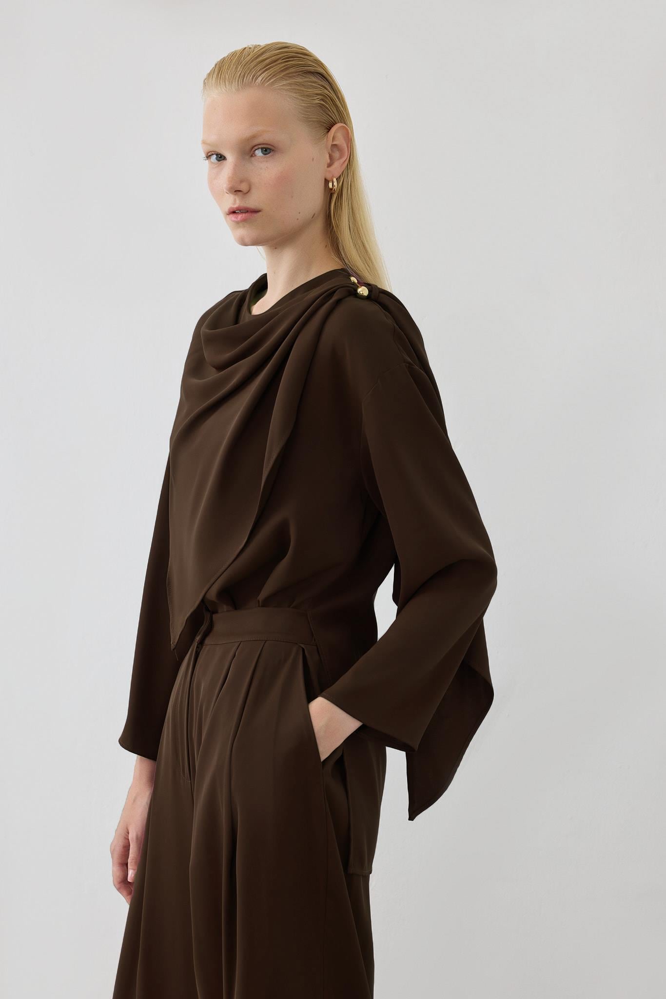FERAL SHAWL DETAILED PANTS SUIT BROWN