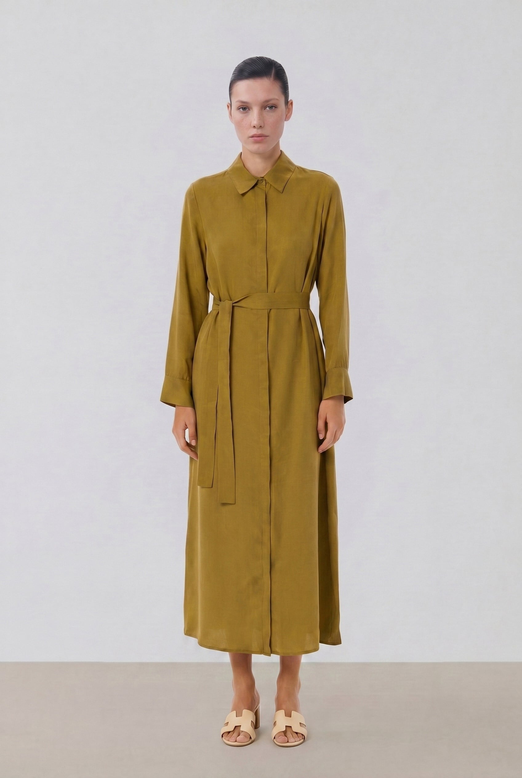 GLORIA TAŞLANMIŞ İPEK GÖMLEK ELBİSE YEŞİL