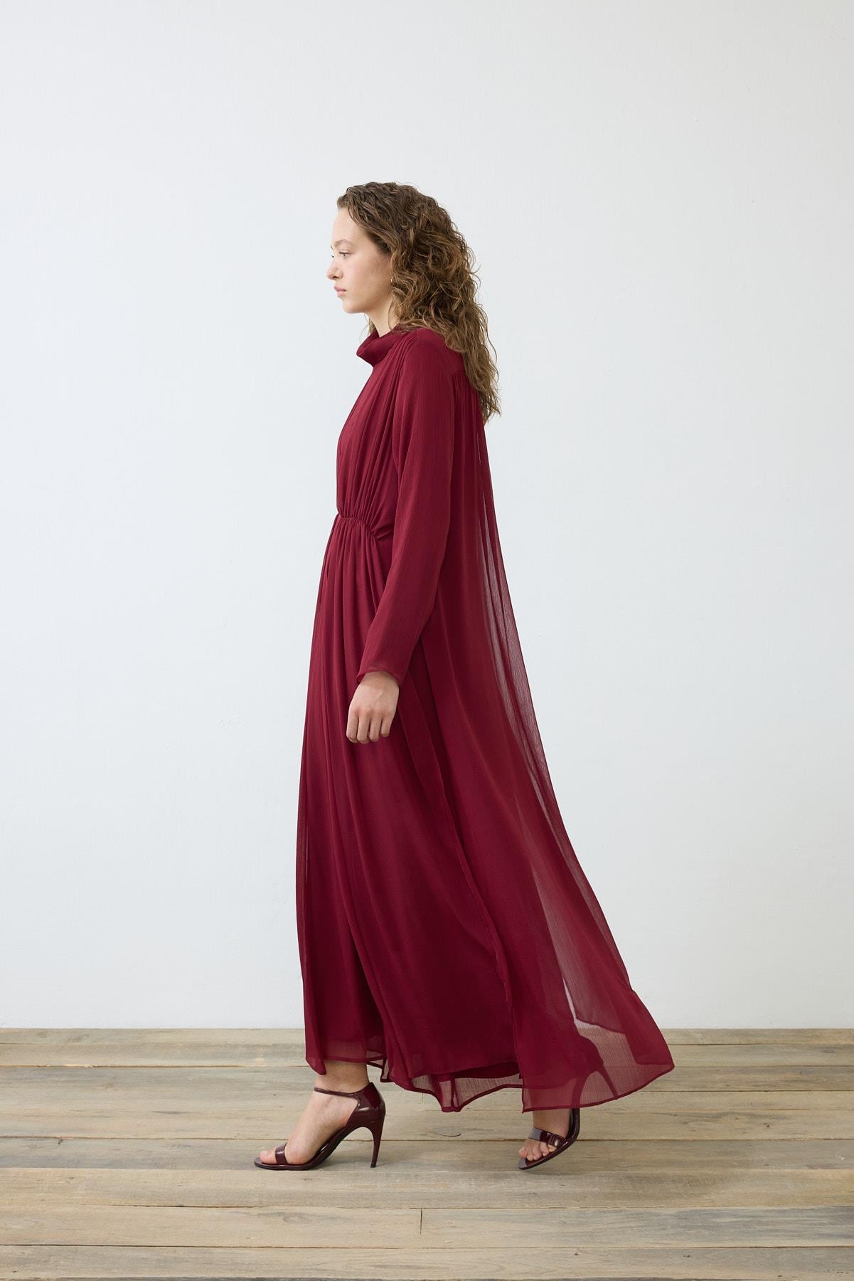 HELEN DOKULU ŞİFON ELBİSE BORDO