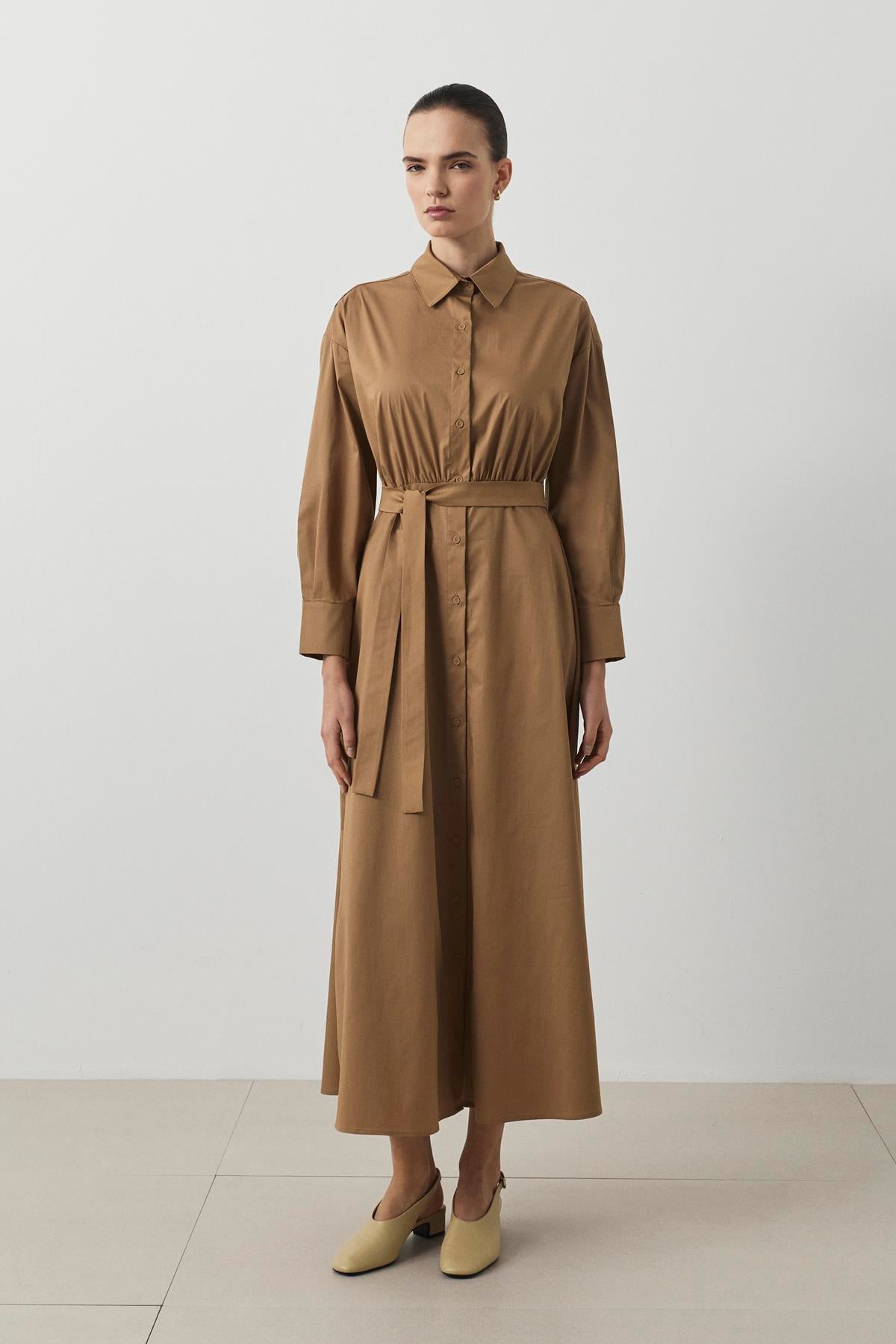HERRY BÜZGÜLÜ KOTON ELBİSE CAMEL