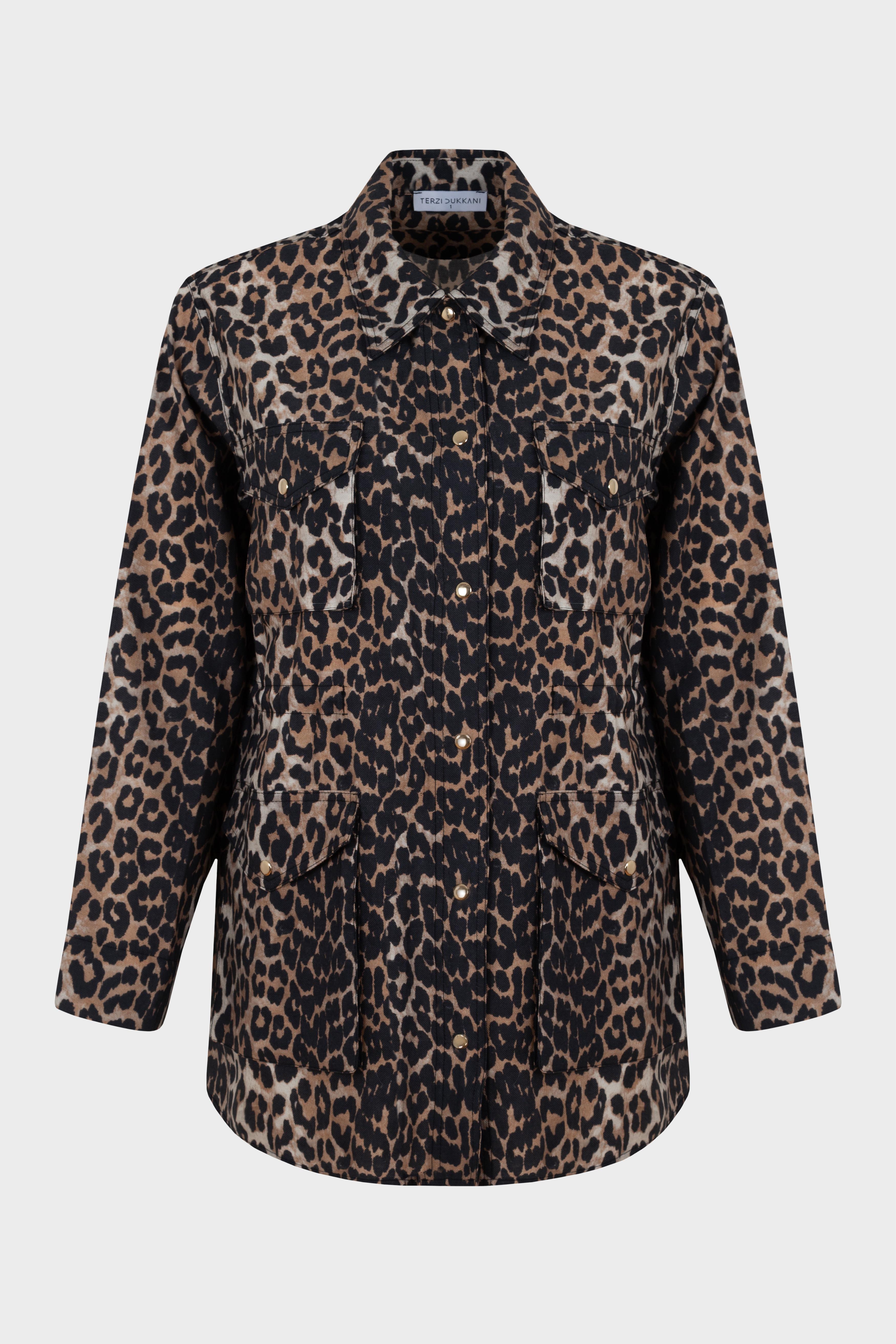 LEOPAR DESEN CEPLİ PANTOLONLU TAKIM KAHVE