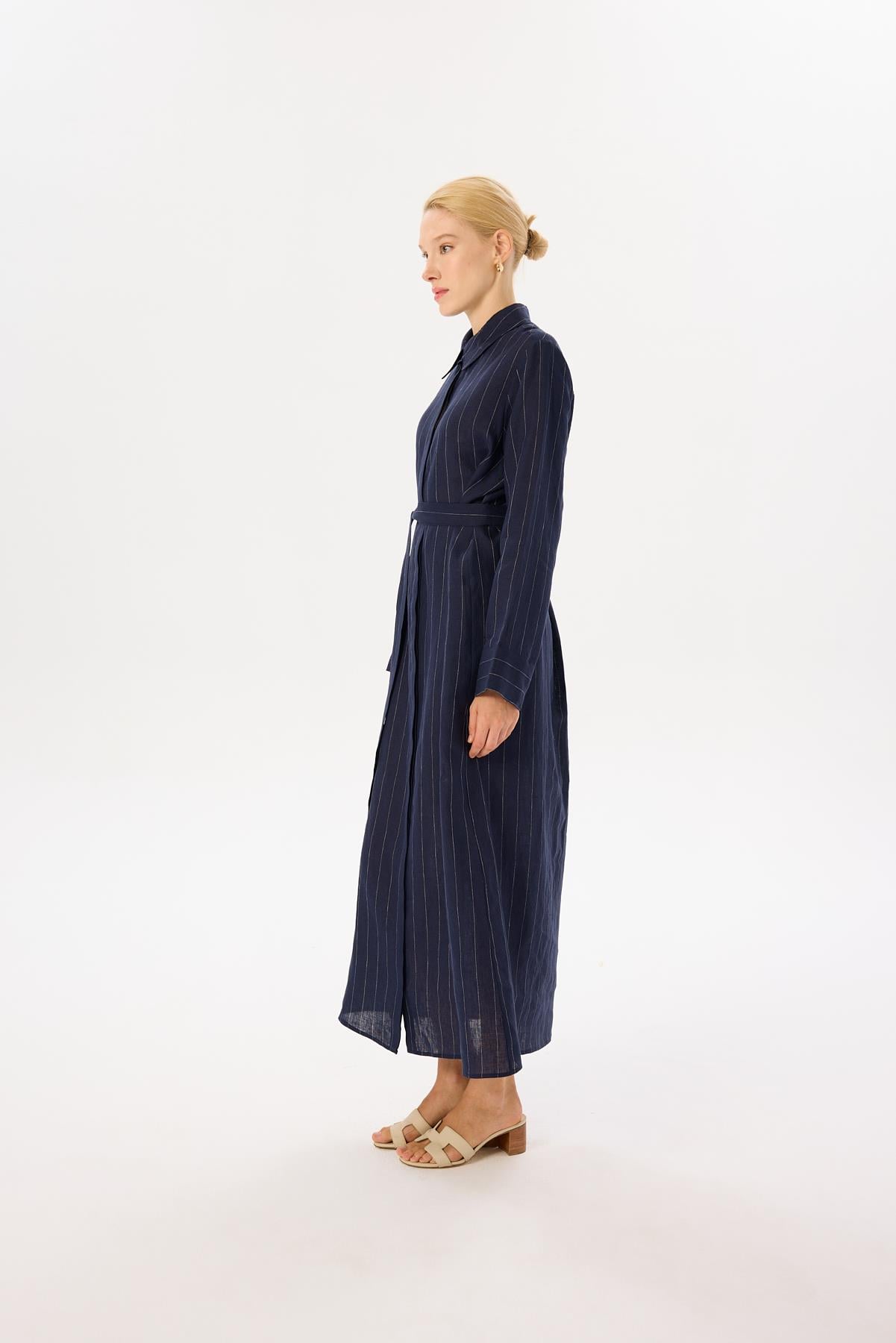 %100 LINEN STRIPED SHIRT DRESS NAVY BLUE