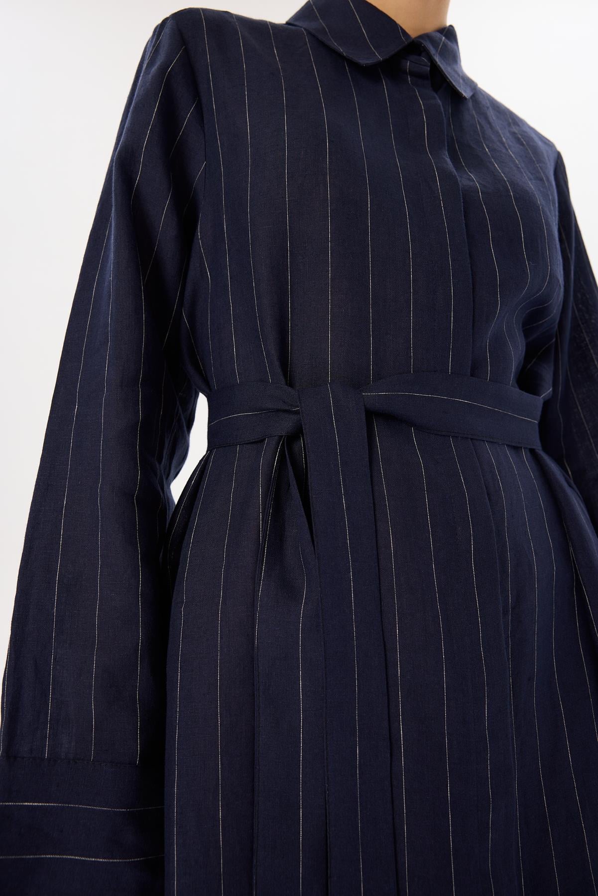 %100 LINEN STRIPED SHIRT DRESS NAVY BLUE
