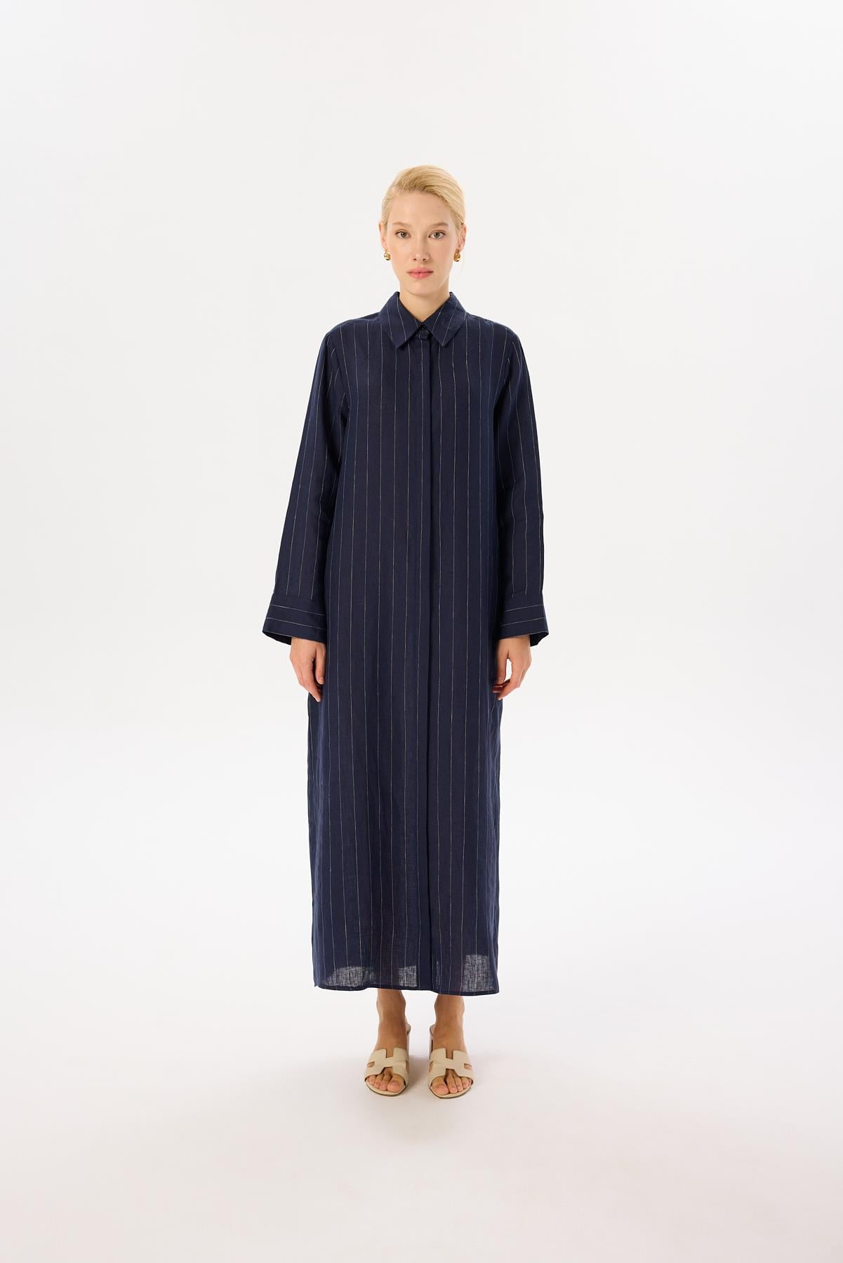%100 LINEN STRIPED SHIRT DRESS NAVY BLUE