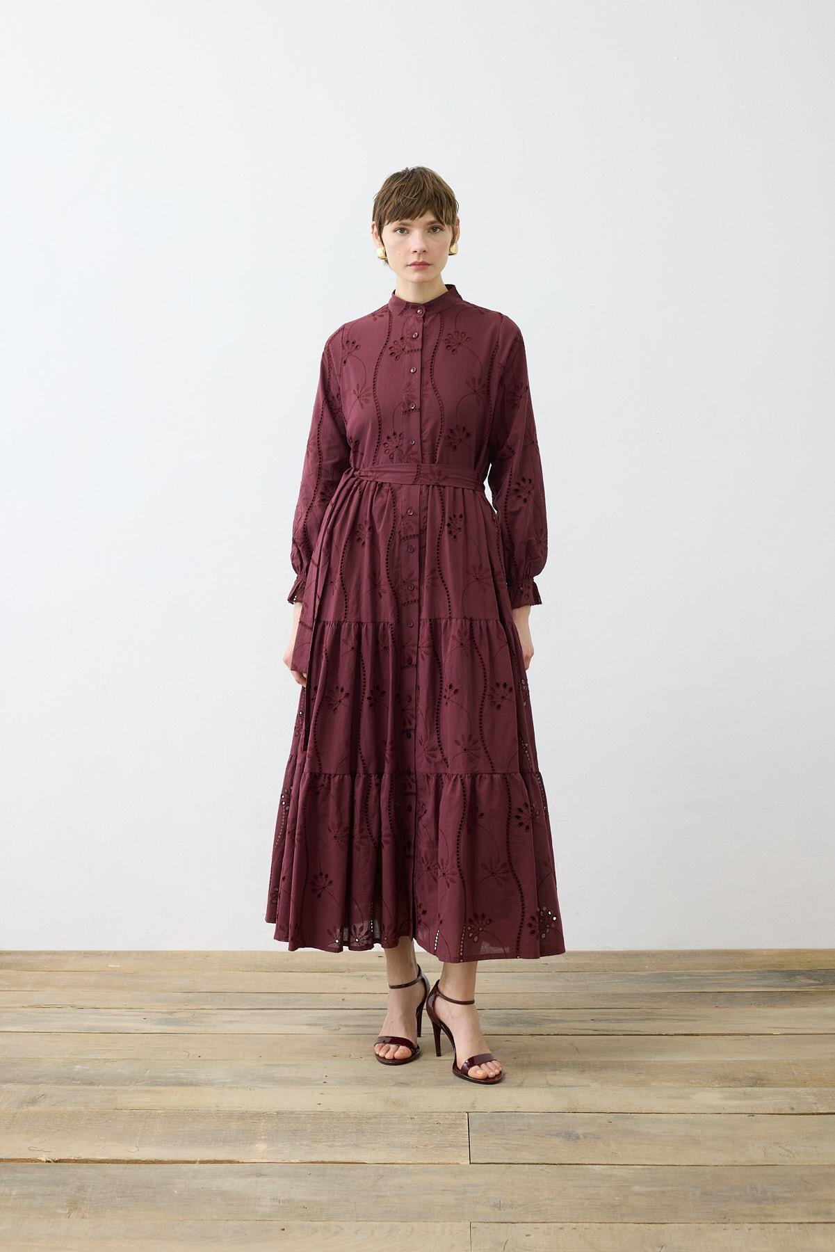 LUNA PAMUK BRODE ELBİSE BORDO