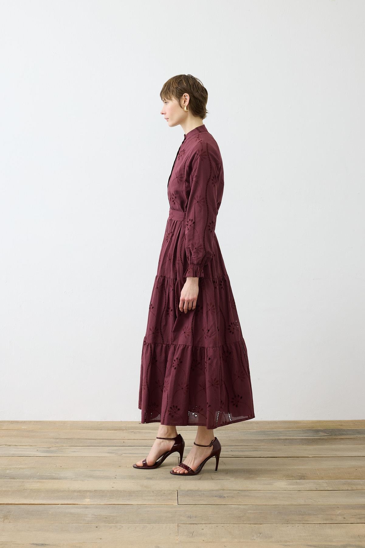 LUNA PAMUK BRODE ELBİSE BORDO