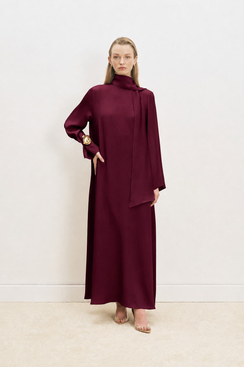 MARLY ASETAT ŞAL DETAYLI ELBİSE BORDO