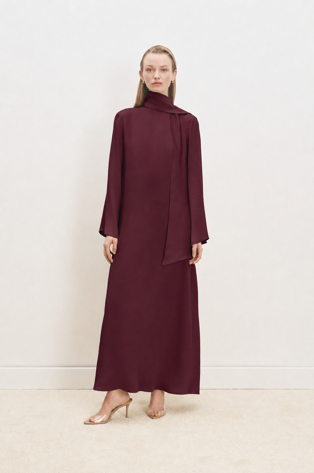 MARLY ASETAT ŞAL DETAYLI ELBİSE BORDO