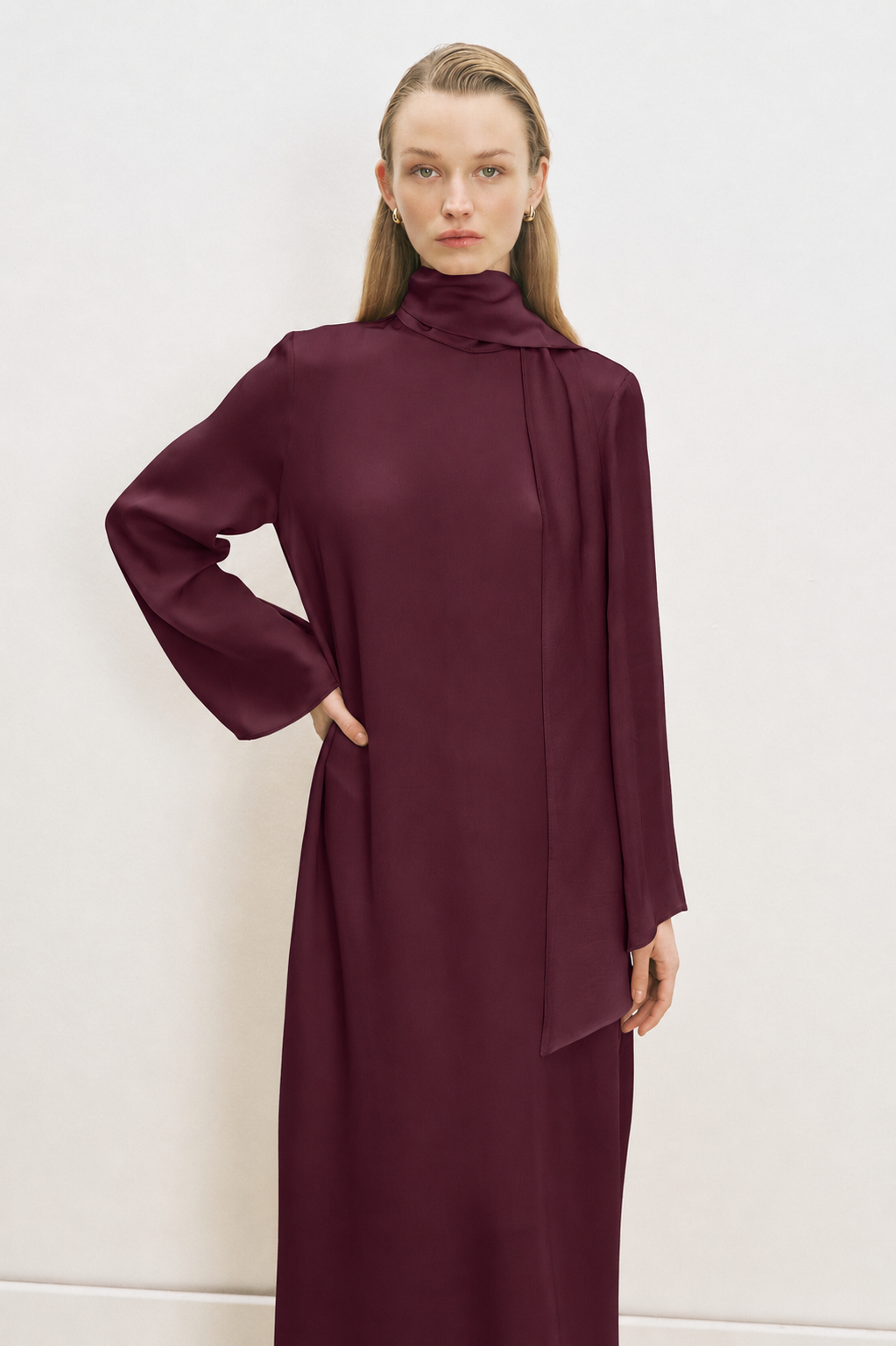 MARLY ASETAT ŞAL DETAYLI ELBİSE BORDO