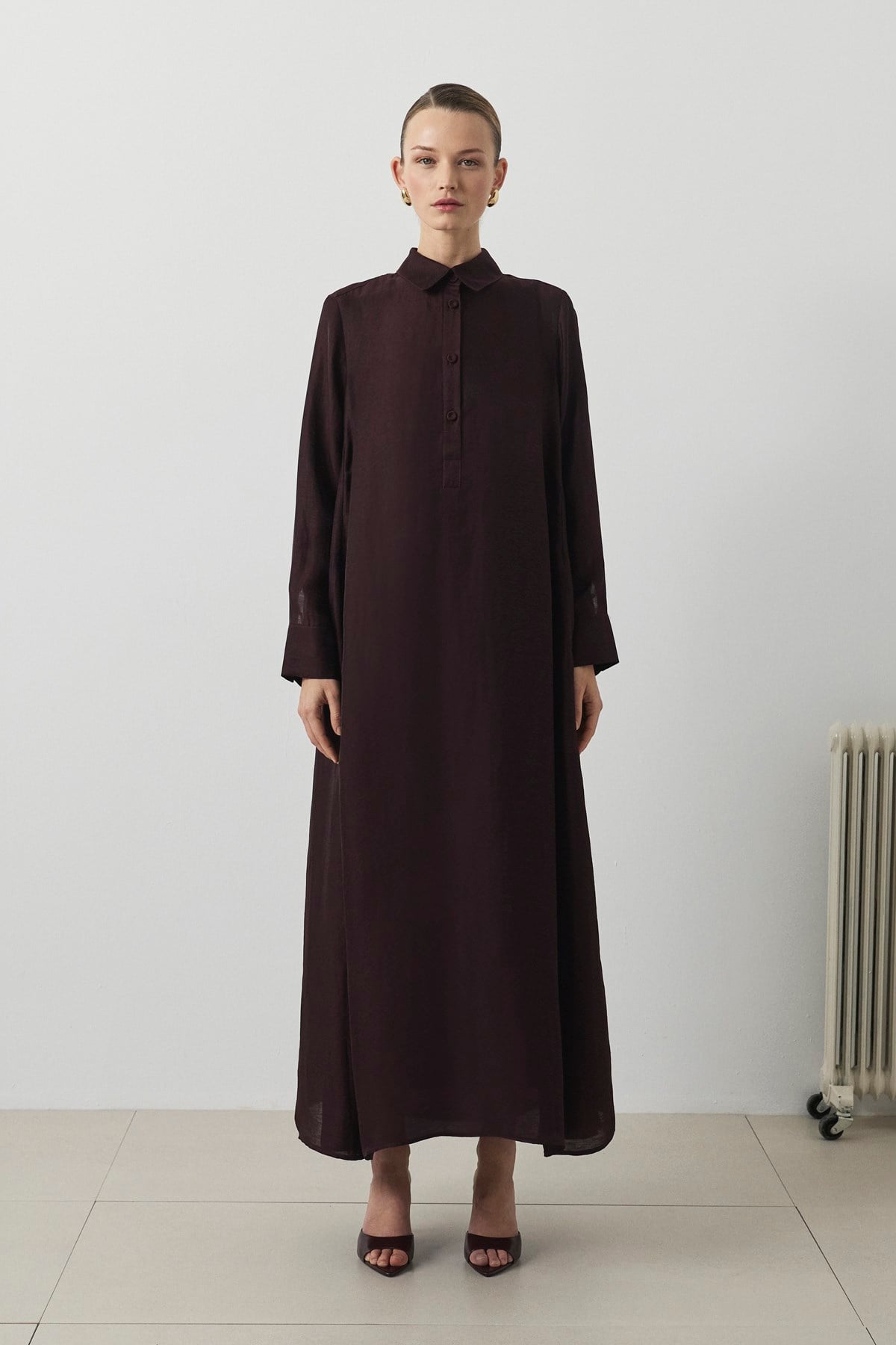 MAYA LYOCELL KETEN BOL KESİM ELBİSE BORDO